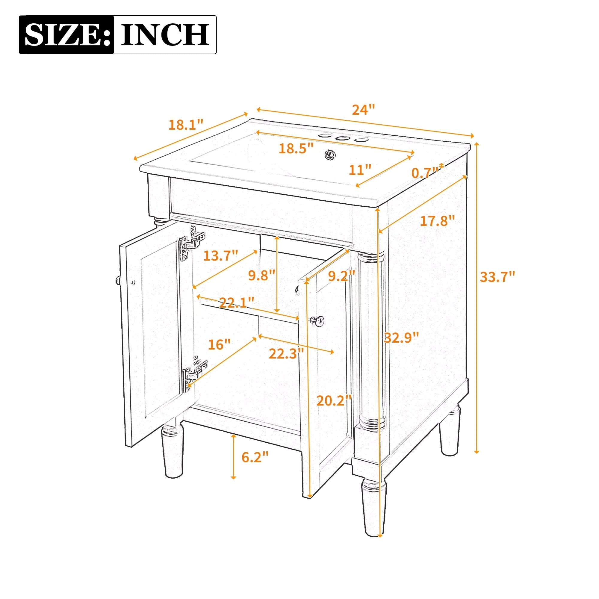 Reliable Bathroom Renovation with 2-Tier Shelves, 24" Small Vanity, Sink - Model 6AC06B