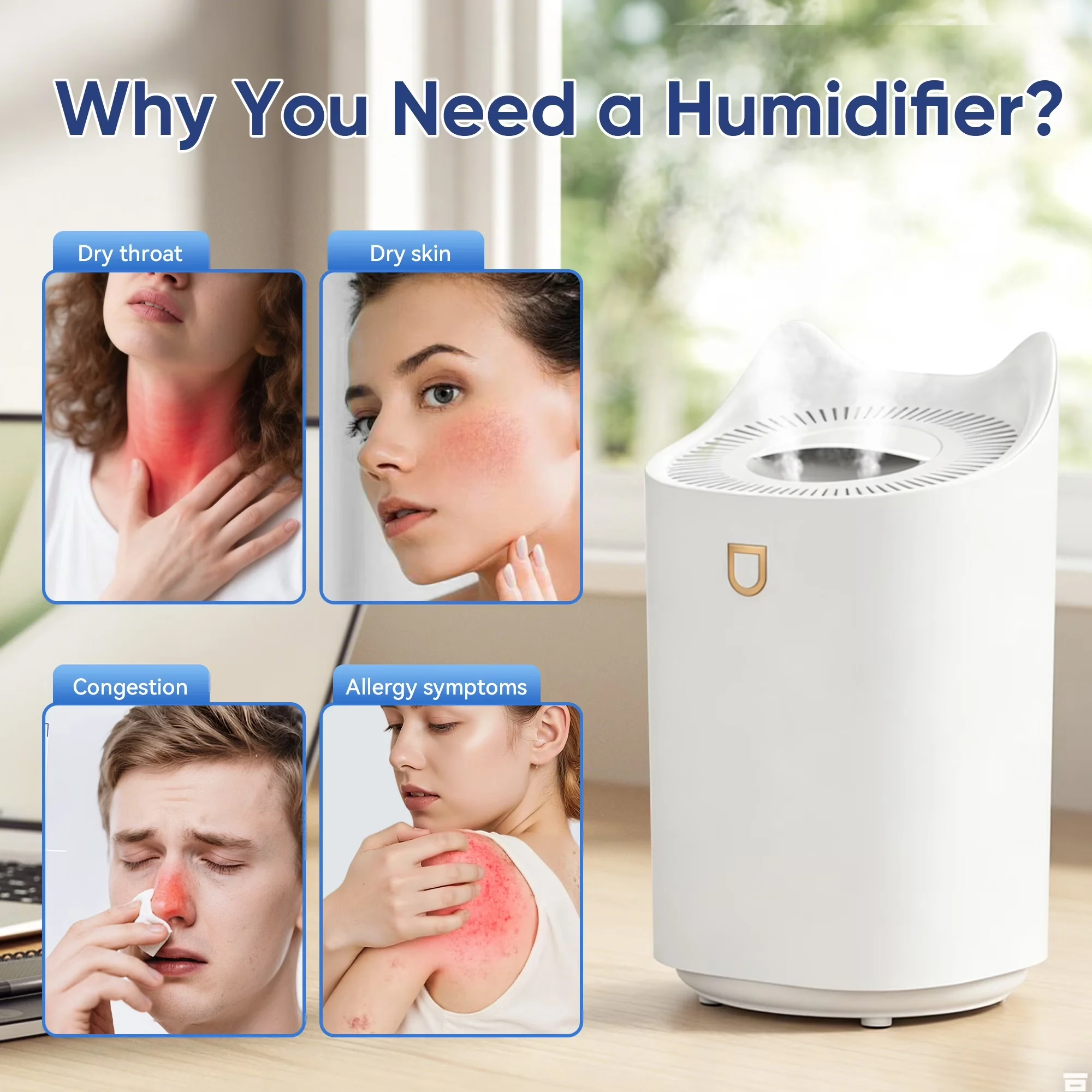 Essential Humidifier with Variable Speed, Automatic Shut-Off - White for Bedroom, Office Model 0A8AA2