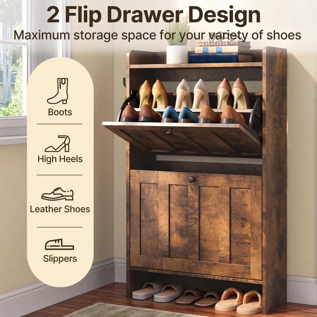 Modern Garage Storage Supply with Modern, 2 Flip Drawers and Open, Shoe Cabinet - Brown for Living Room, Bedroom Model FE6878