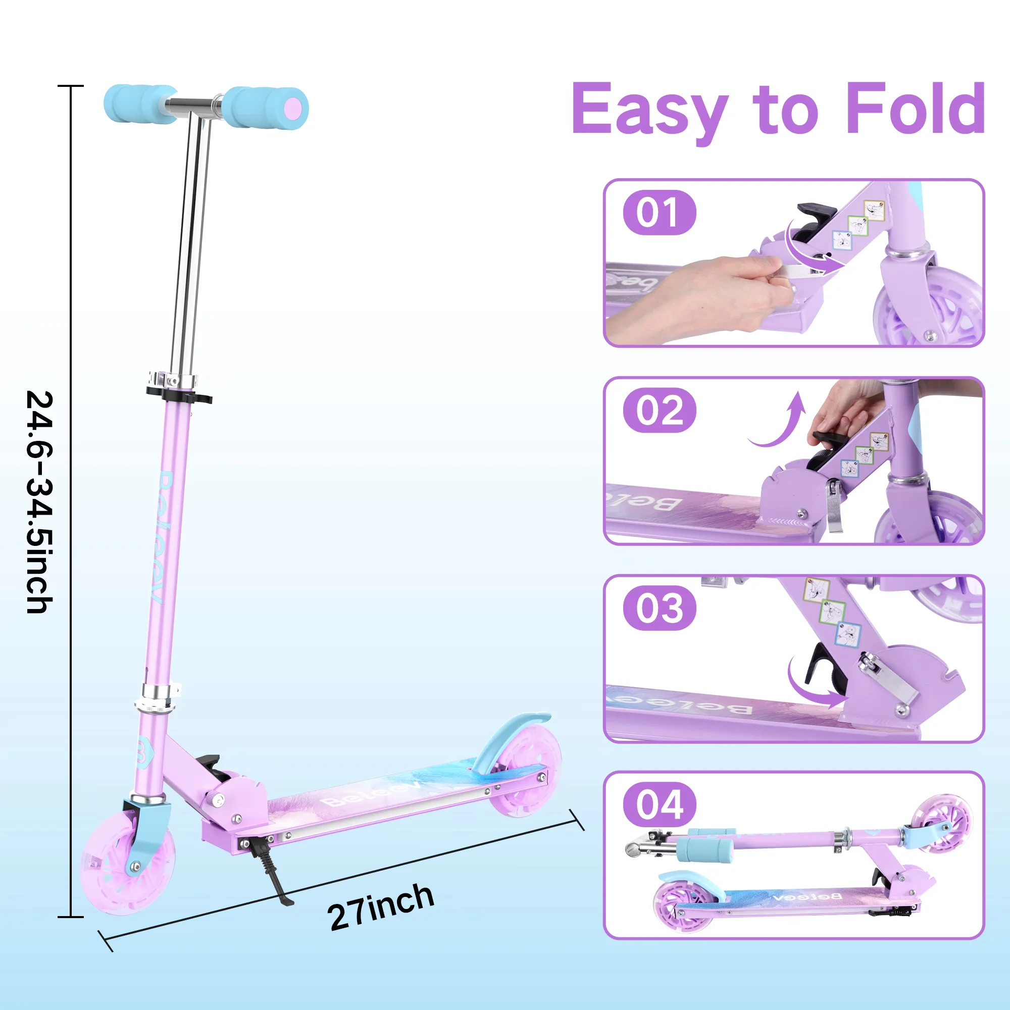 Versatile Scooter with LED, 2 Wheel Folding, LED Light-Up Wheels & Deck - Aluminum Purple Model B2FF6E