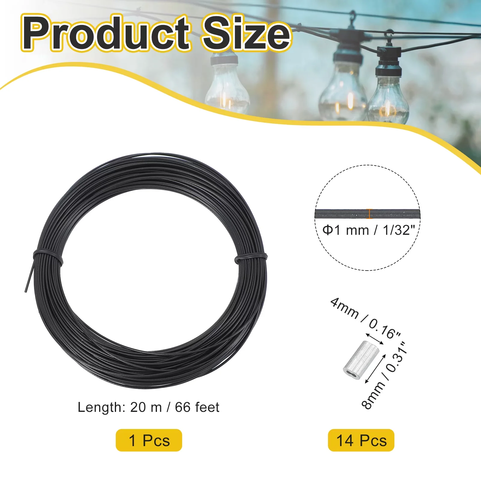 Quality Woodworking with Durable, Wire Rope Length: 20 m / 66 feet, Crimping Sleeve Black - 304 Stainless Steel; Aluminum Alloy Black Model 7F335C