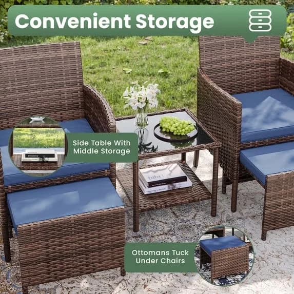 Stylish Patio Dining Set with Storage, 5 Piece Furniture - Synthetic, Tempered Glass, Rattan, Steel, Wicker, Fabric Brown for Patio Model 9B2D69