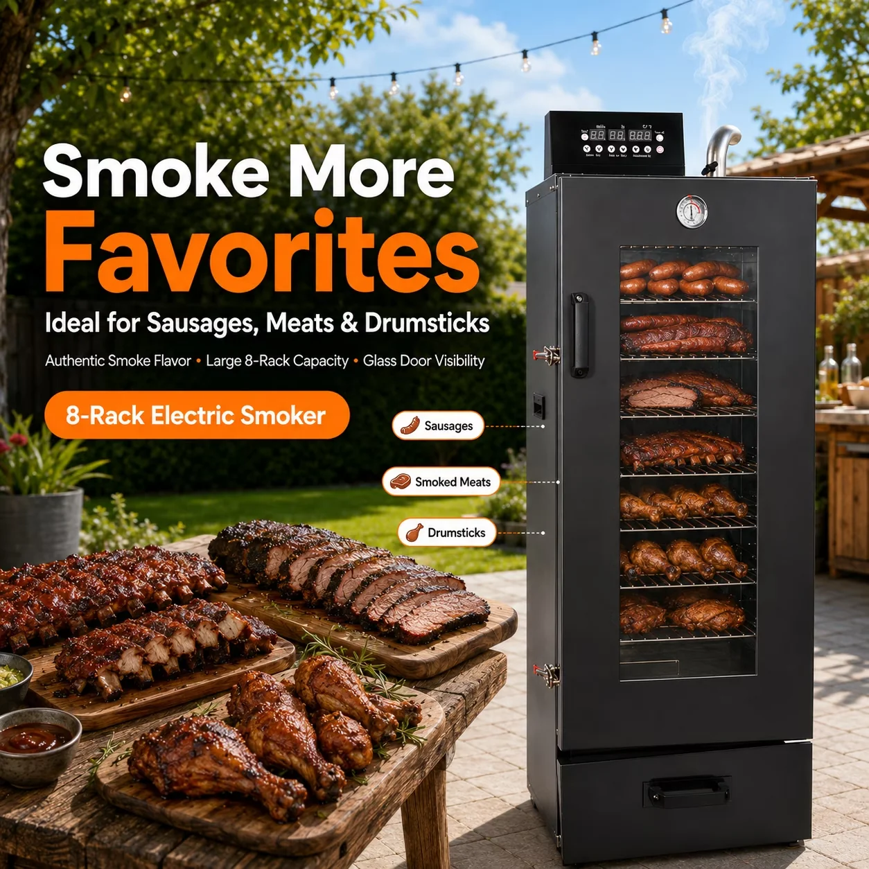 Efficient Smoker with 1600W, Adjustable Charcoal Tray, Digital Display - Black Stainless Steel Model 4F2733