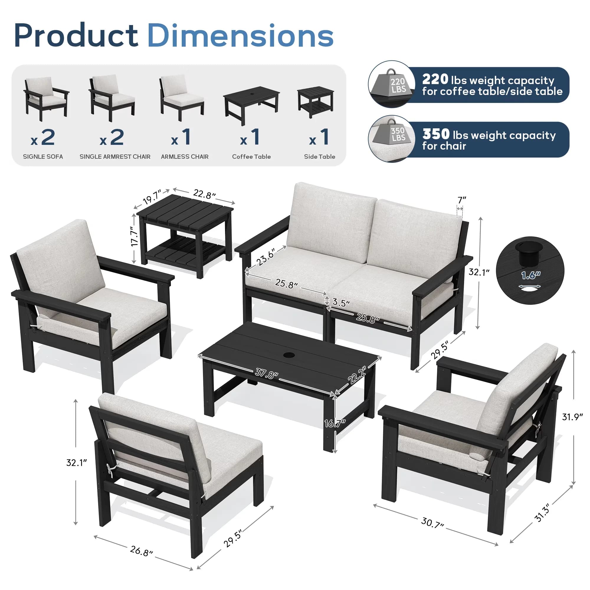 Patio Conversation Set Efficient with Weatherproof, 7-Piece HDPE Outdoor Sofa - Hdpe Model 8F7603