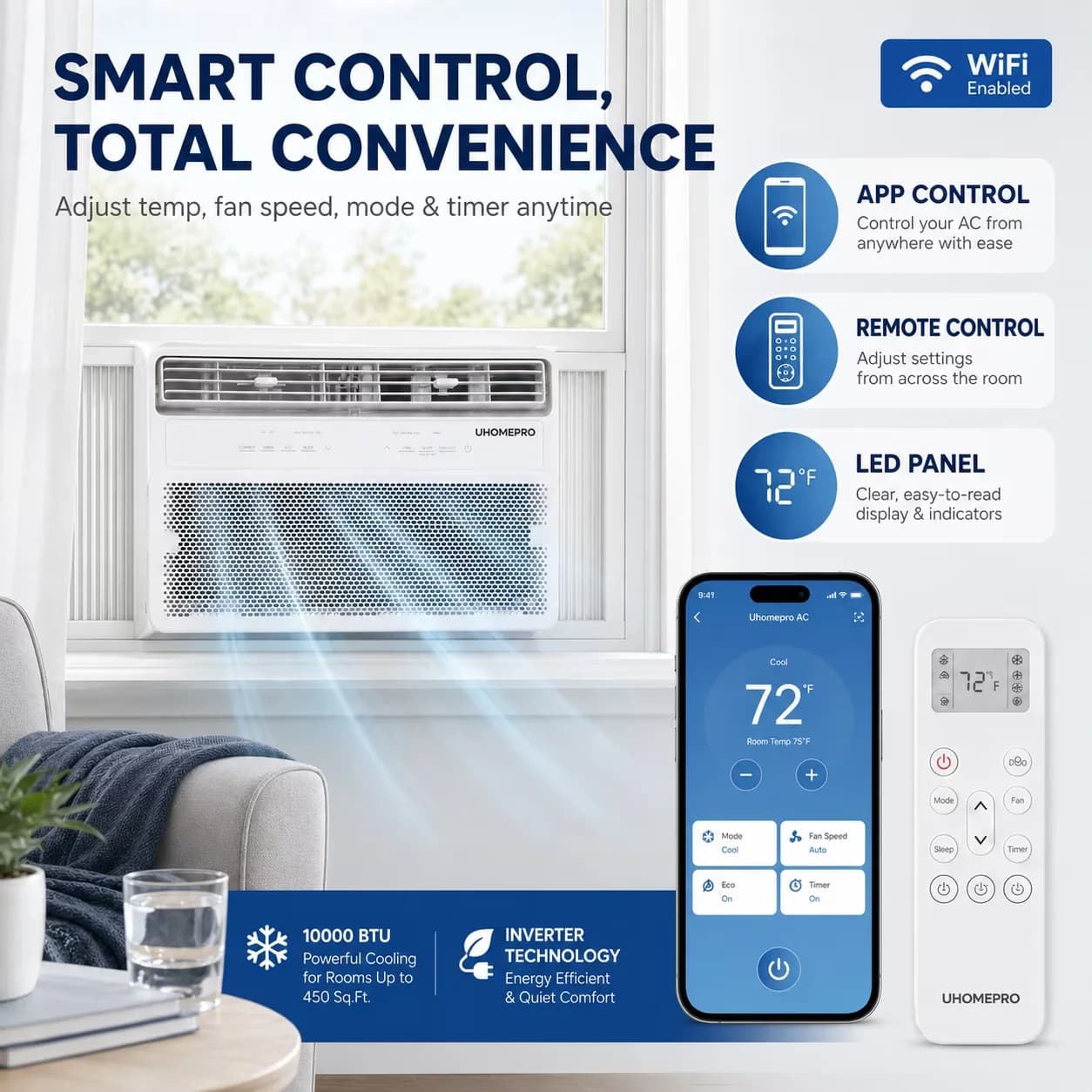 Essential Air Conditioner with LED, 10000 BTU, Remote Controlled - Smart Model E028C4