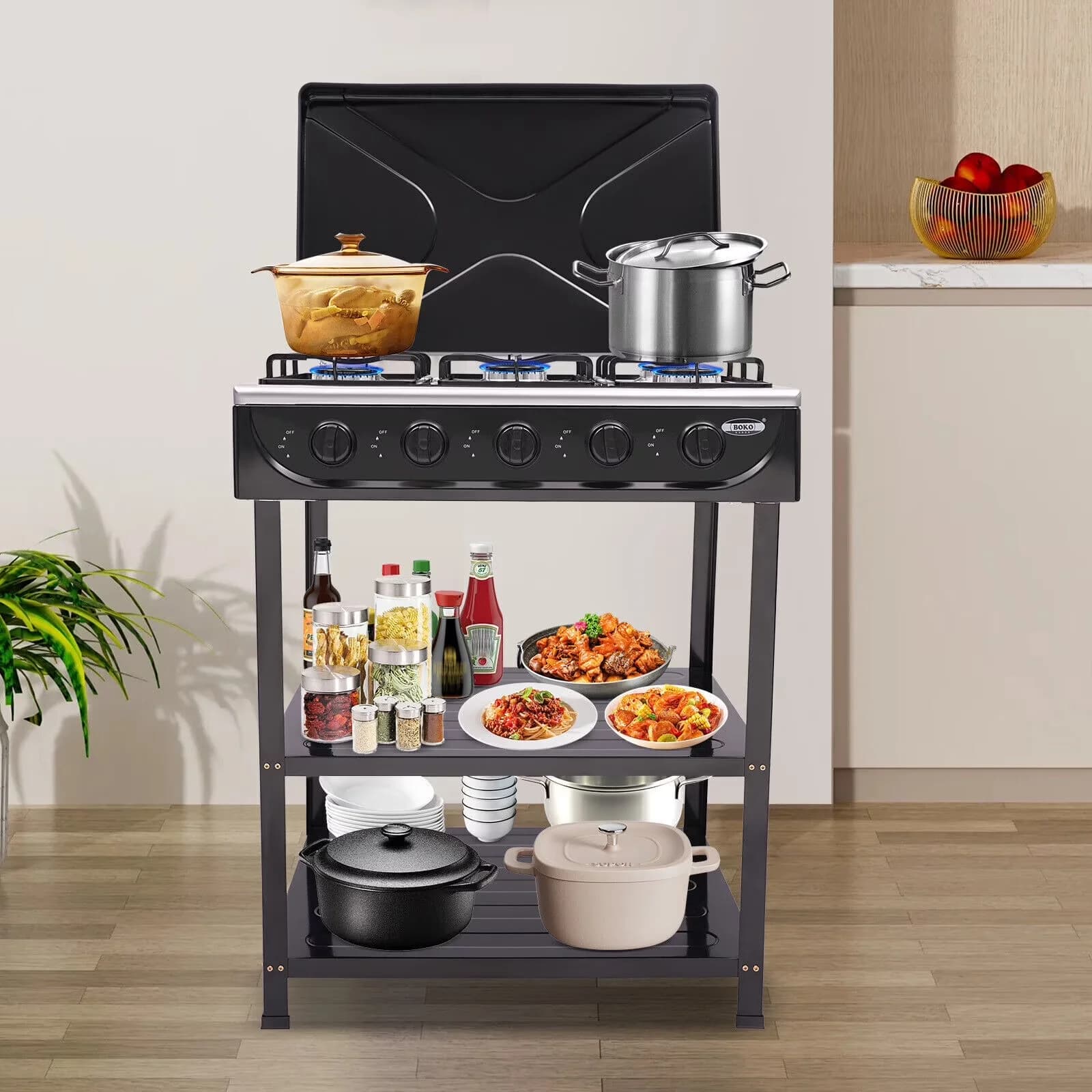 Gas Grill Stylish with Storage Rack, 2-Tier Storage Rack - Iron, Enamel, Aluminum Black Model 4F988E