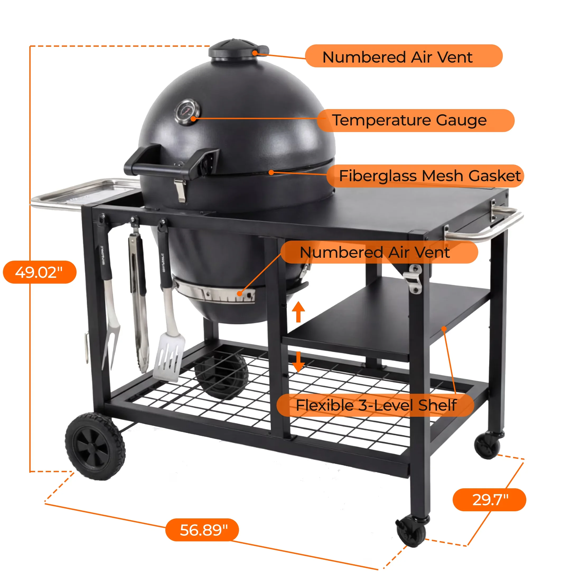 Durable Smoker with Adjustable Air Vents, Grease Pan, 22" Kamado Charcoal Grill & - Black Steel Model 6B39A2