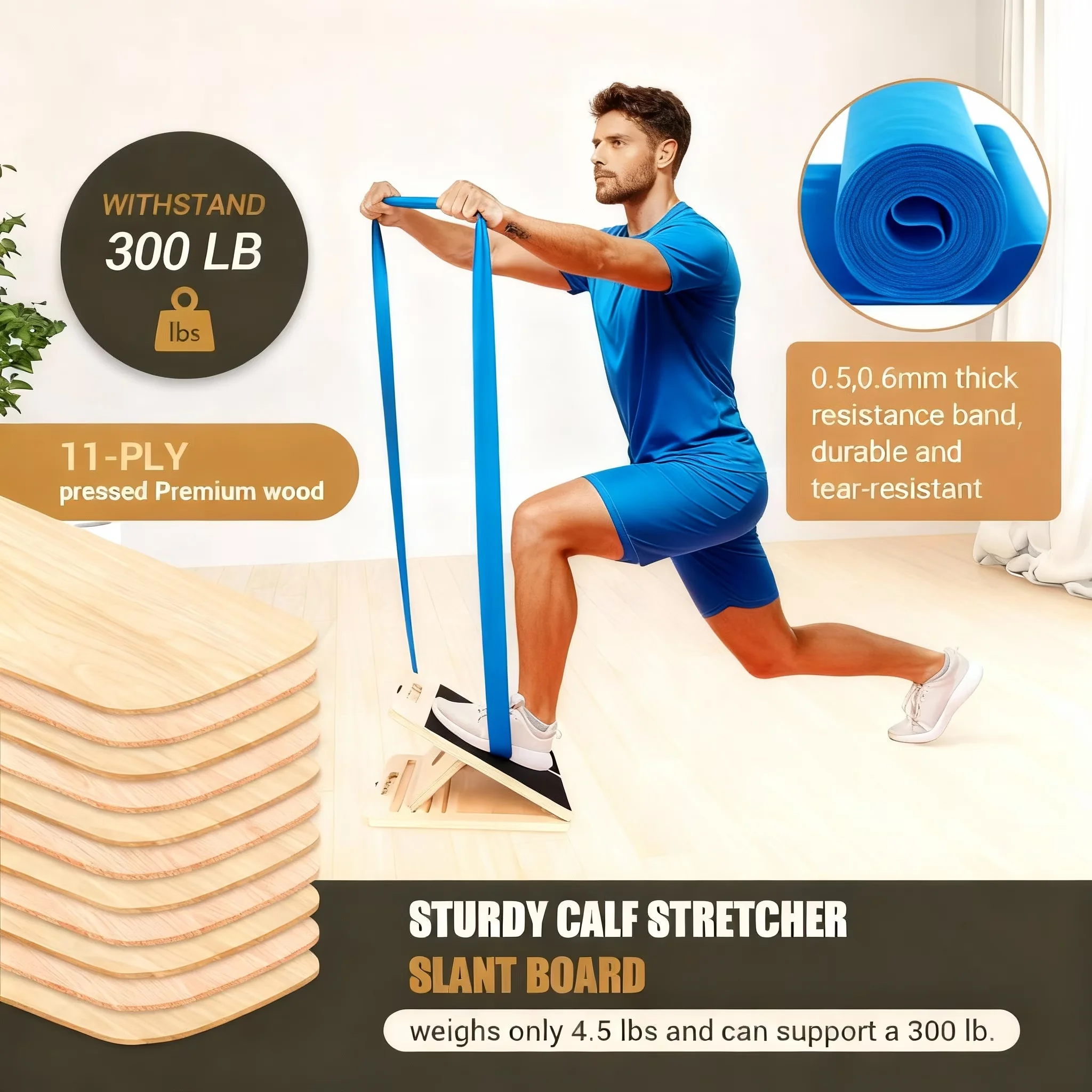 Stylish Home Gym Accessory with Adjustable Straps, Anti-Slip, Portable Wooden Slant Board - Yellow Wood Model 17ABA8