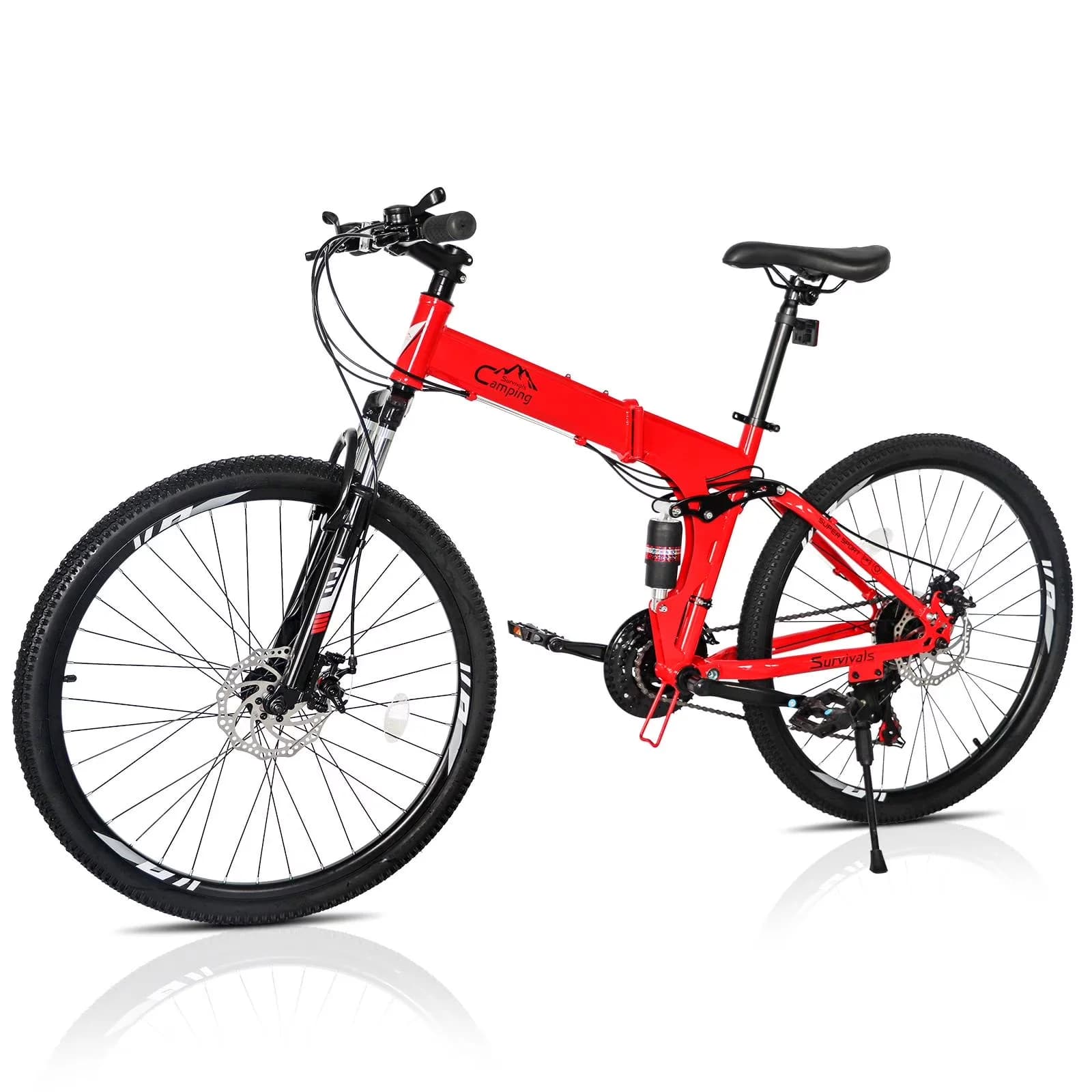 Compact Mountain Bike with Foldable, Steel Frame Trail Road Bicycle, Riding bag, can put small items - Red Model 6D0C2E