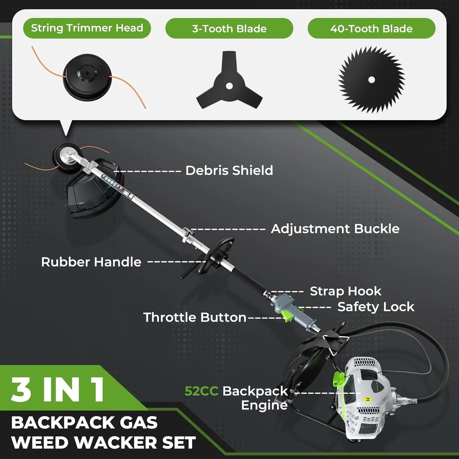 Quality Push Mower with Antivibration, 2HP, 52cc 2-Stroke Gasoline Backpack Lawn for Garden - Model 50A6DE