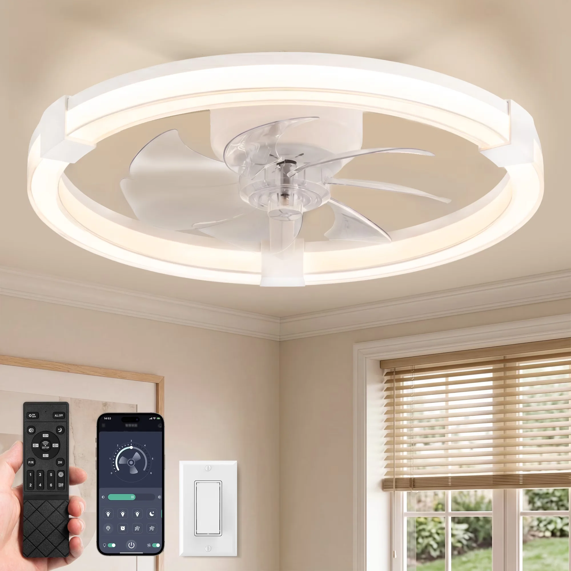Classic Ceiling Fan with LED, Modern, Remote Controlled - White for Living Room, Bedroom Model 3F51AB