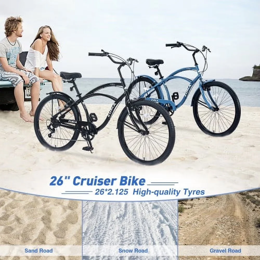 Sleek Cruiser Bike with Adjustable Seat, 7 Speed 26 Inch Men's Beach - Blue Model C62F3A
