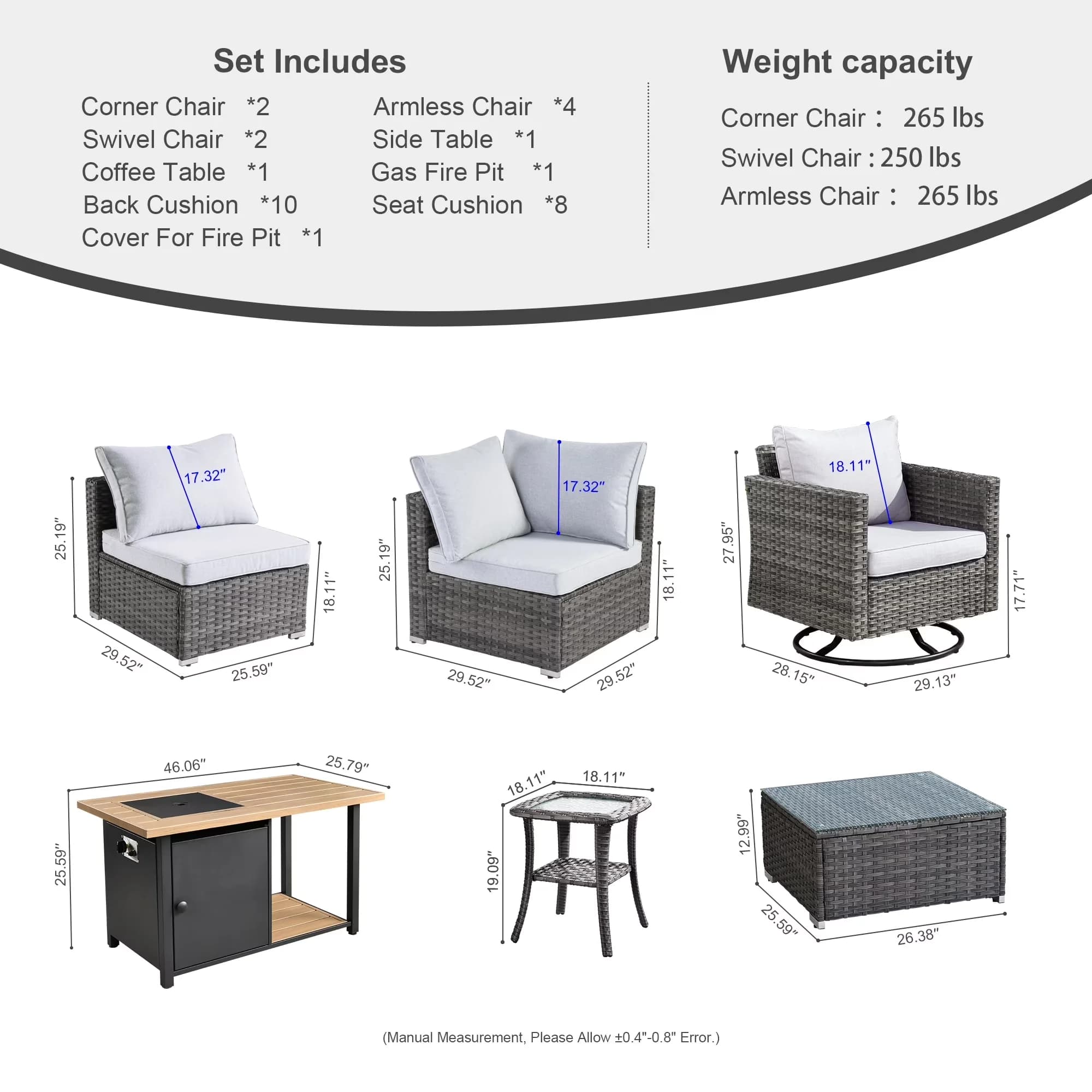 Compact Outdoor Sofas Sectional with Water-Resistant, Swivel Rocking Chair and Fire Pit Table, Grey - Pe Wicker Grey Model 4BC2CC