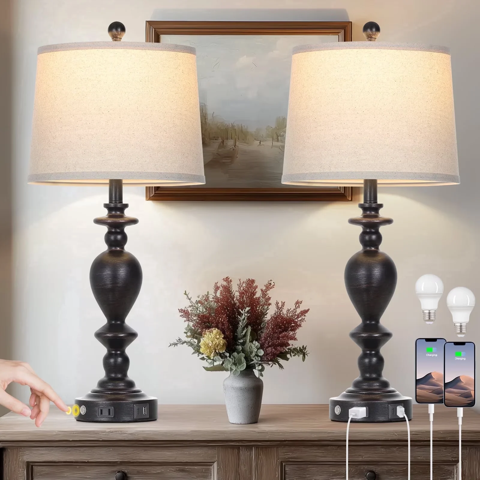 Durable Lamp Set with LED, Touch Sensor, Power Outlet - Black Resin Retro Model 6C4ED3