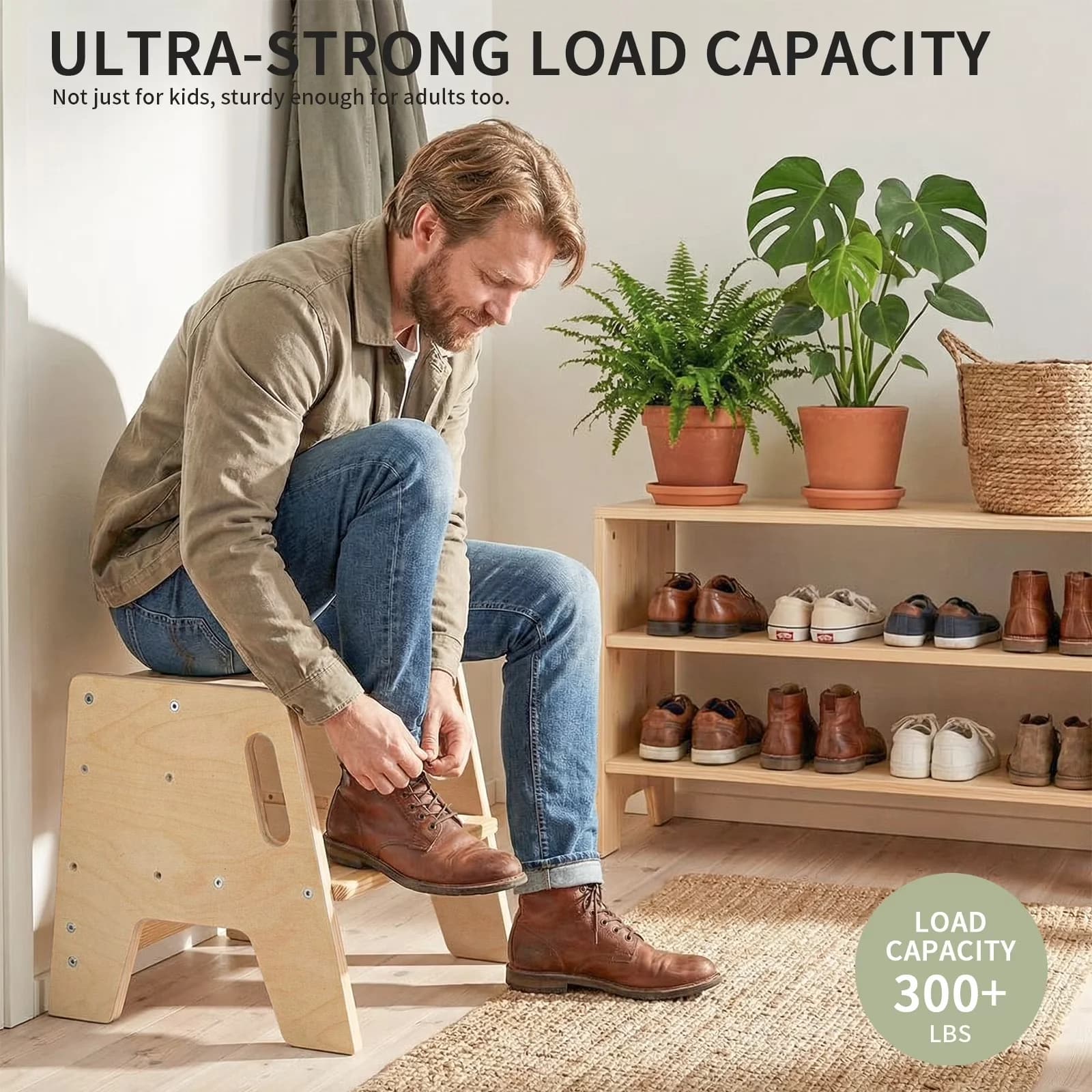 Quality Ladders And Step Stool with Anti-Slip, Adjustable Height, Non-Marring Feet - Pine Wood Beige Model 75B429
