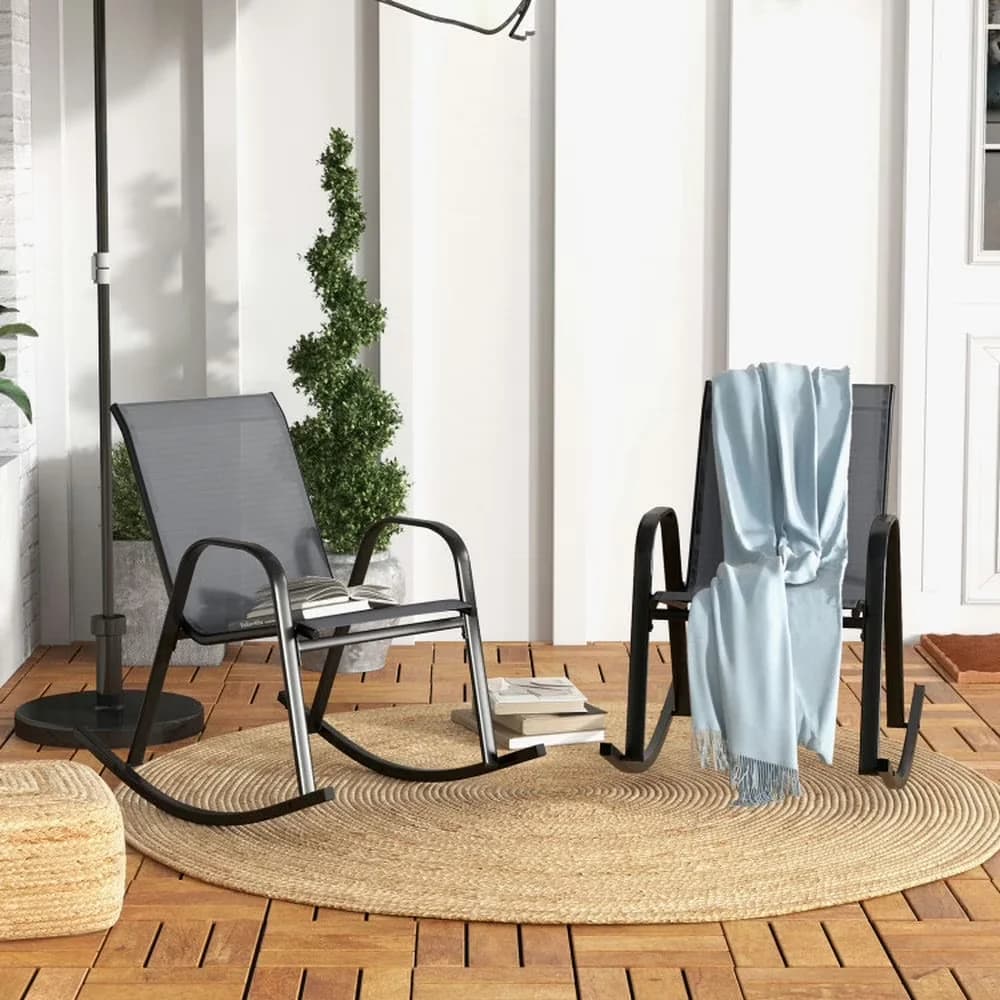 Durable Patio Chair with Ergonomic Backrests and Curved Armrests, Rocking, Set of 2 Heavy-Duty Metal Rocking - Fabric, Metal Gray for... Model 56ED75