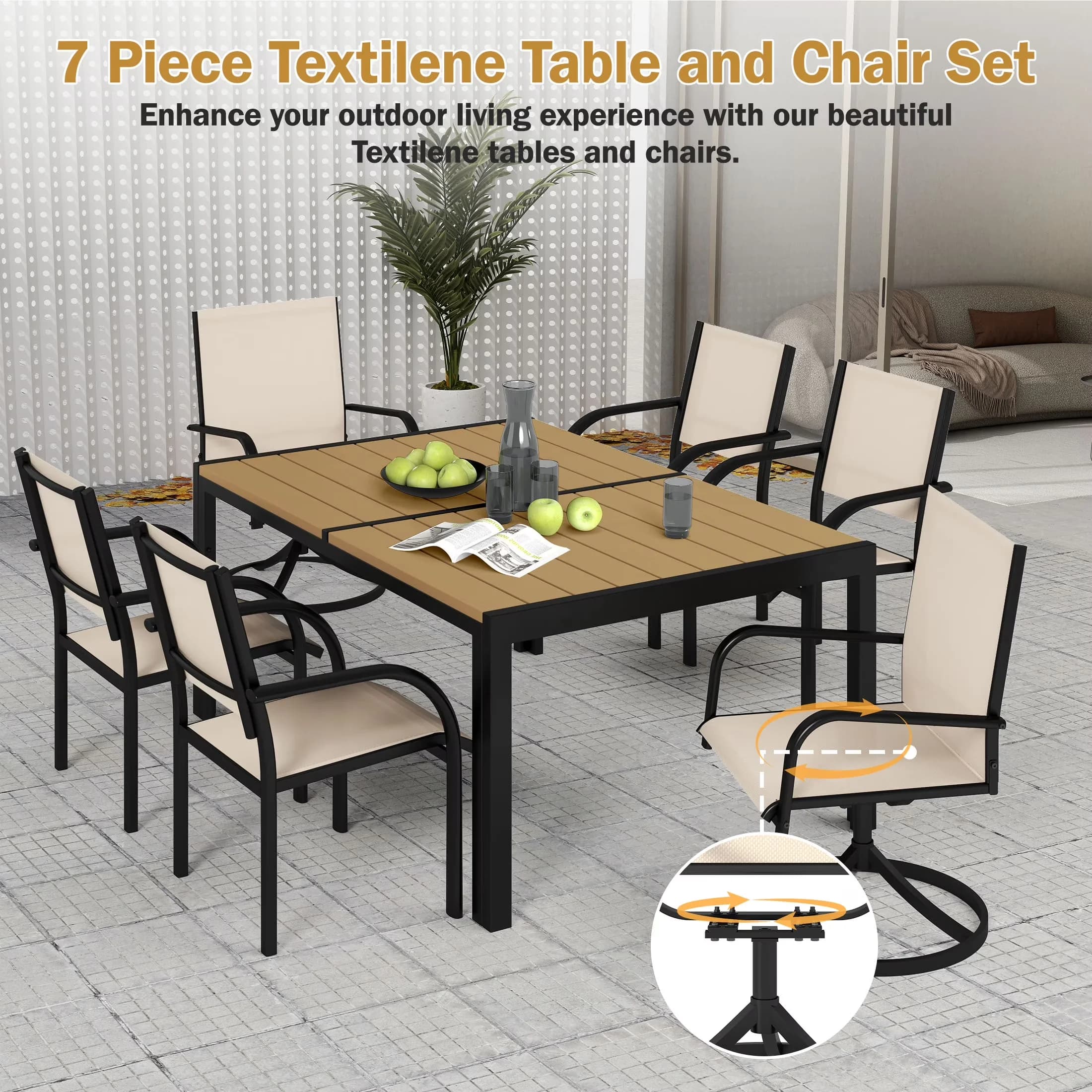 Premium Patio Dining Set with Weatherproof, 7 Piece - Steel, Pe Rattan, Polyester Fabric Yellow Model F669CE