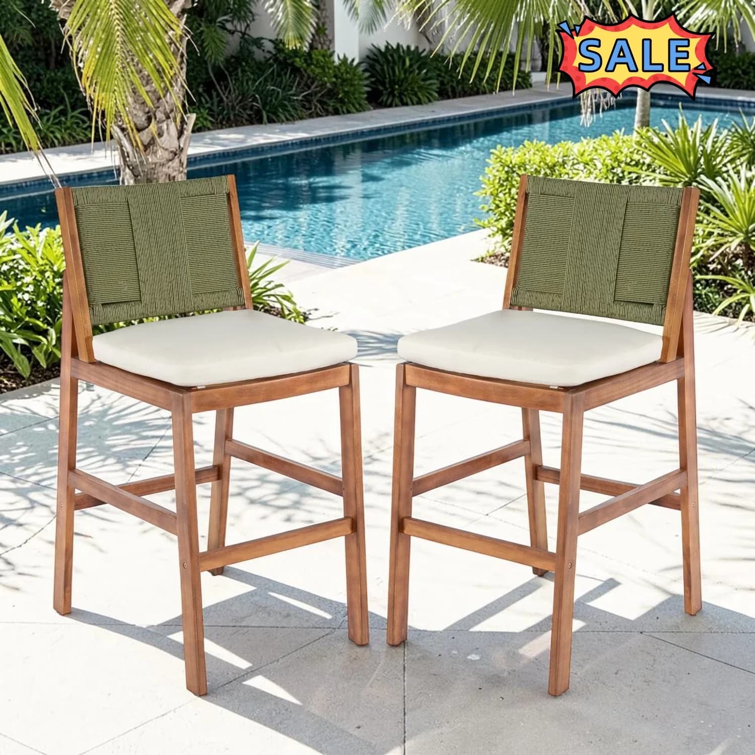 Patio Chair Premium with Counter Height, Cushions - Cream & Green Acacia Wood,Polyester,Wicker for Patio, Garden Model 52DCB5