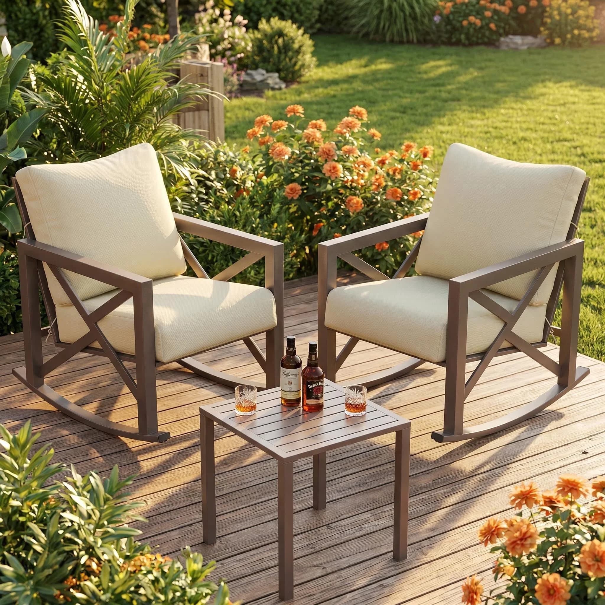 Patio Dining Set Stylish with Weatherproof, 3-Piece Metal Bistro Rocker - Metal Beige Model 8EAB1D