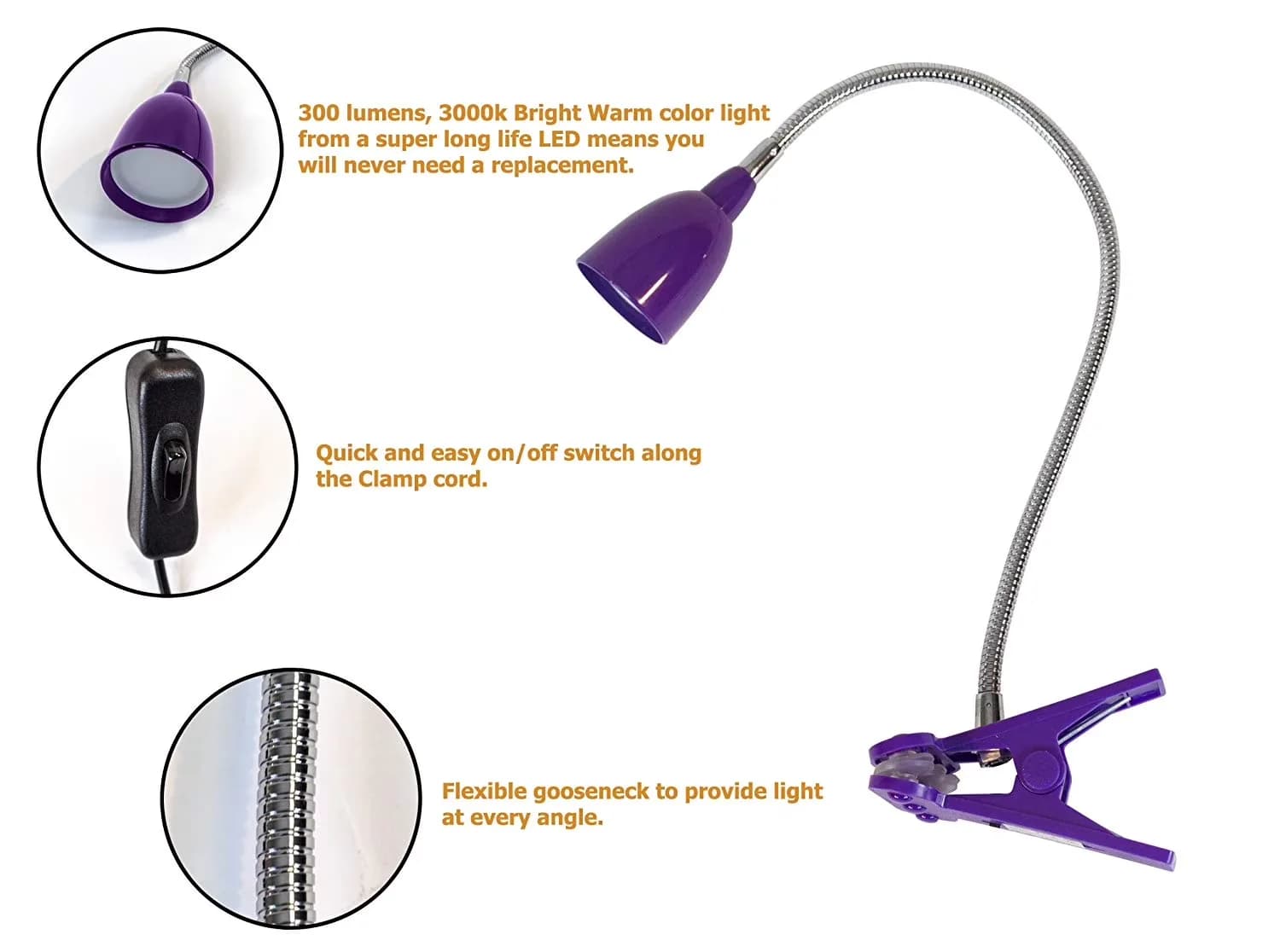 Desk Lamp Stylish with LED, 3W, 7" LED Flex Clip On - Plastic Purple - Industrial Grade Model C02092