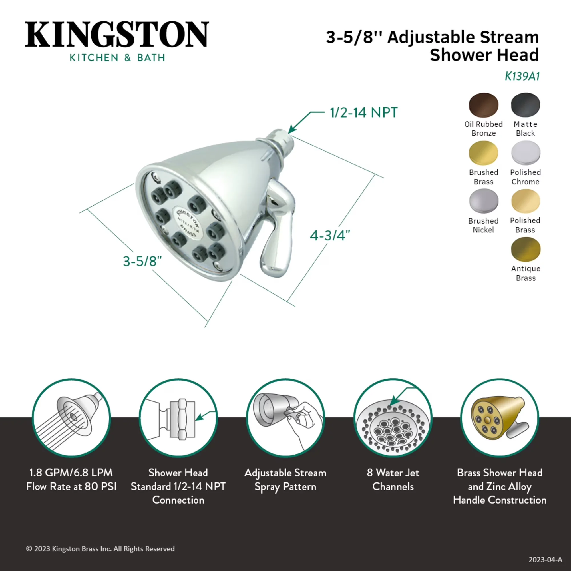 Modern Shower Head with Standard 1/2-14 NPT connection, 3-5/8" diameter shower head, 4-3/4" height - Gold Brass;Zinc Alloy Model AB3DEB