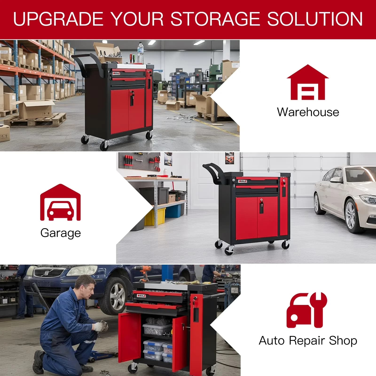 Durable Toolstorage with Storage, Heavy-Duty, Rolling - Cold Rolled Steel Red for Garage Model C5B9E5