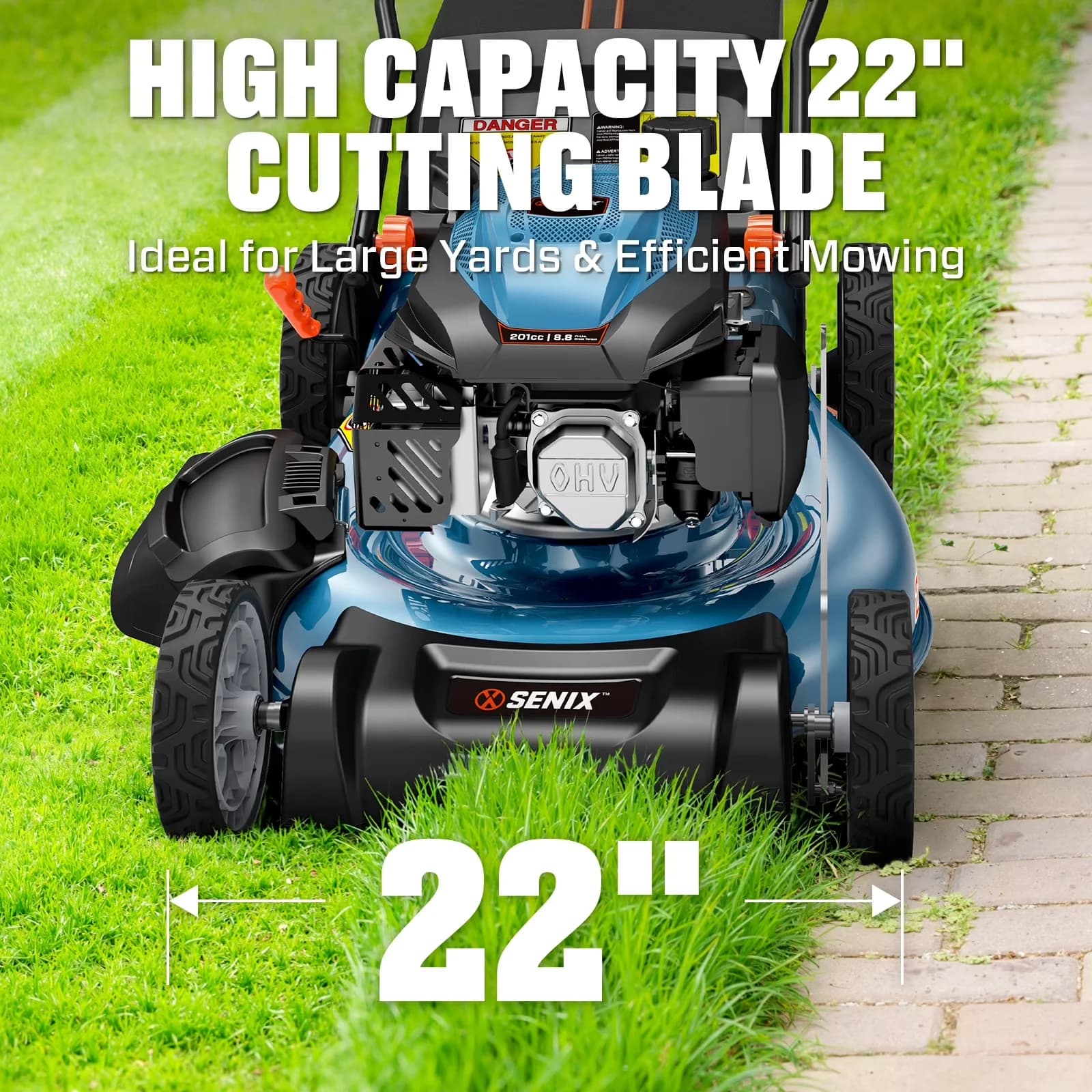 Essential Push Mower with 20V, Adjustable Cutting Height, Leaf Blower - Blue Model 6D96BA