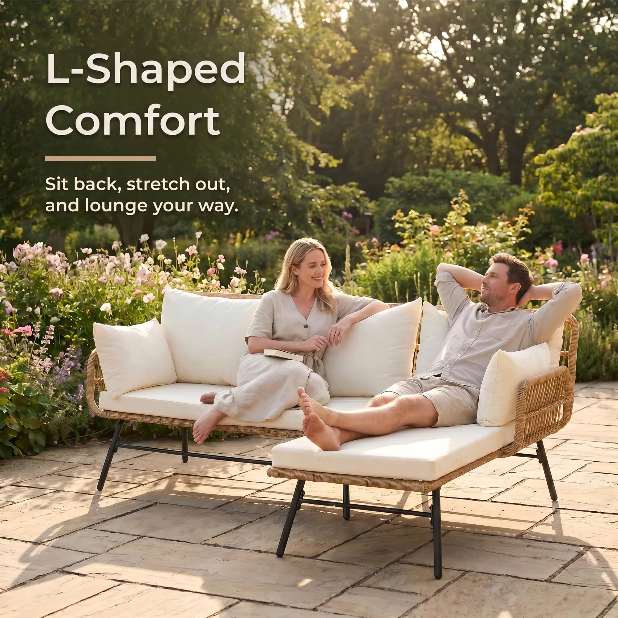 Outdoor Sofas Sectional Premium with patio furniture set boho wicker, Cream Cushions, 4-Piece boho furniture set - Off-White Wicker Model 7971B5