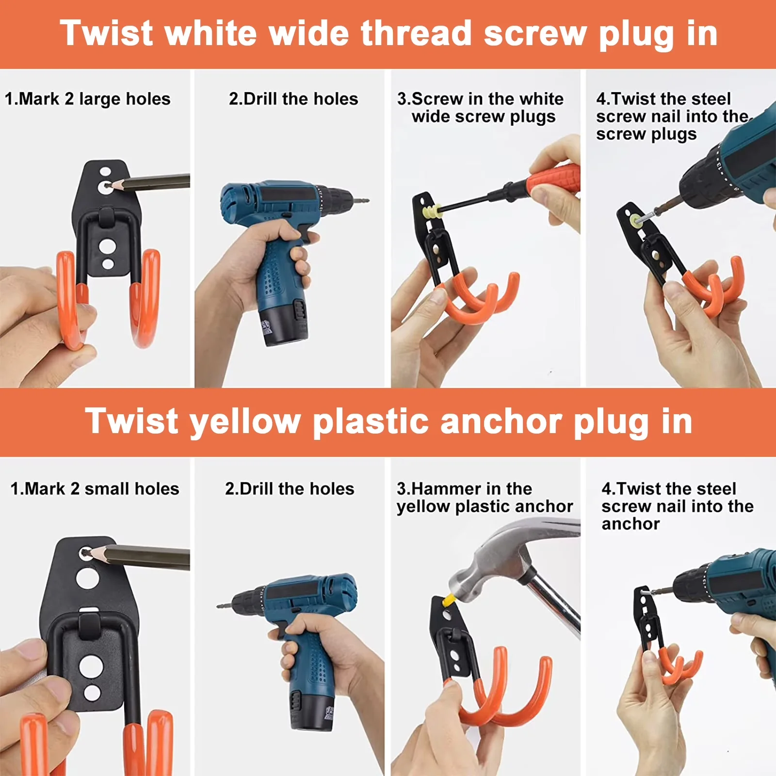 Reliable Fastener with Wall Mount Tool Organizer, 16 Pack Garage Hooks Heavy Duty - Orange High Quality Steel for Garden Model 137EAC