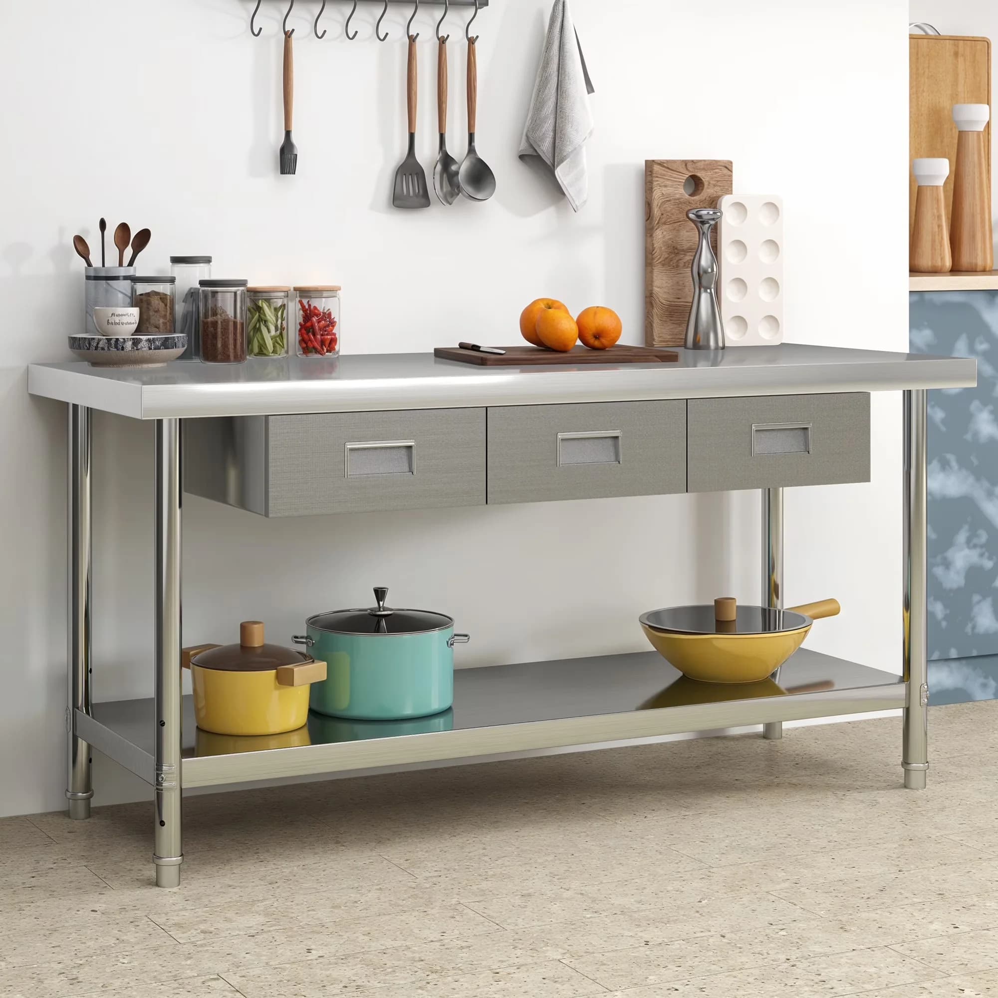 Reliable Toolstorage with Adjustable, 3 Drawers, Adjustable Kitchen Storage - Silver 201 Stainless Steel, Metal for Home Model 522AFF