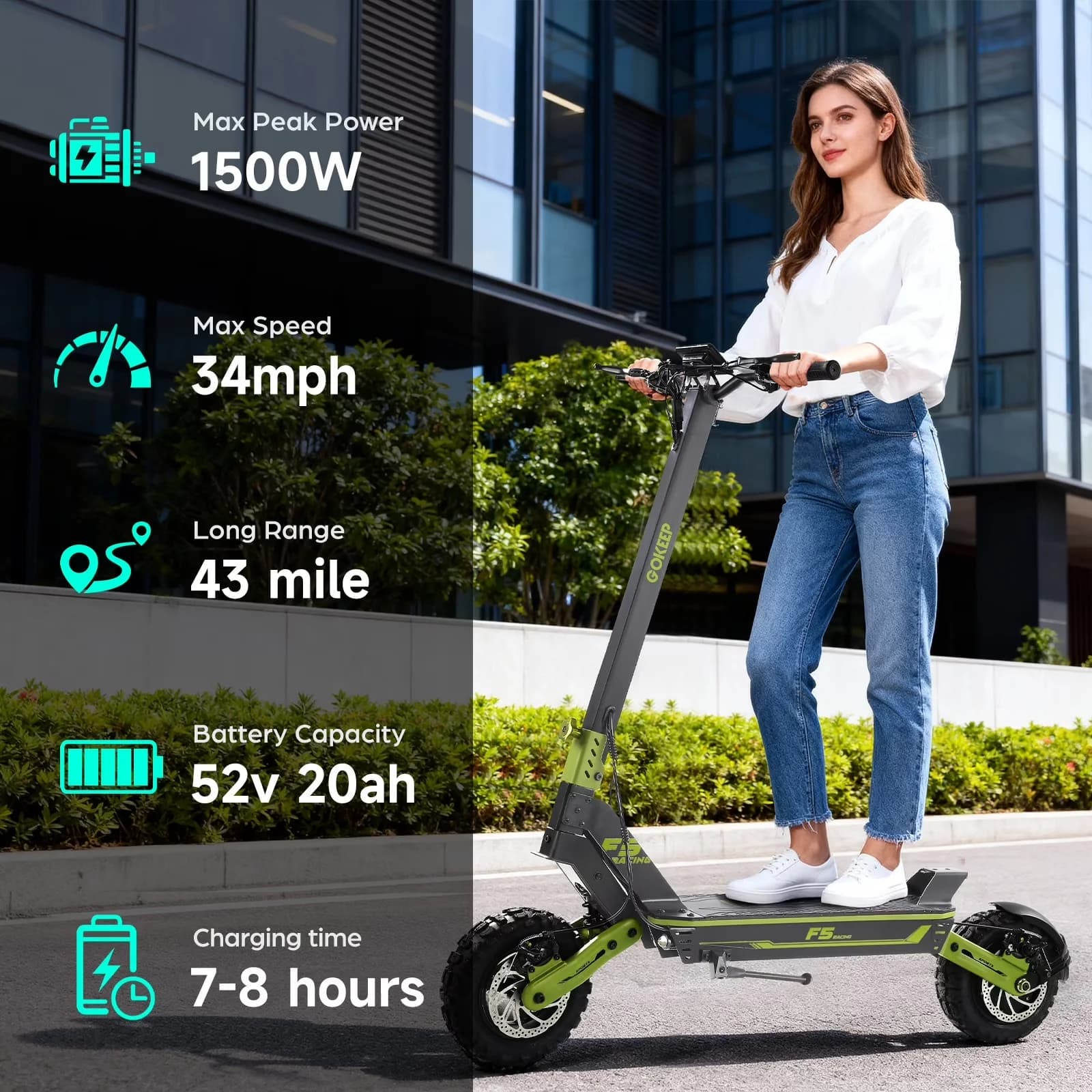 Compact Scooter with 1500W, 52V, Electric - Green Iron for Multiple Applications Model 6C5E6A
