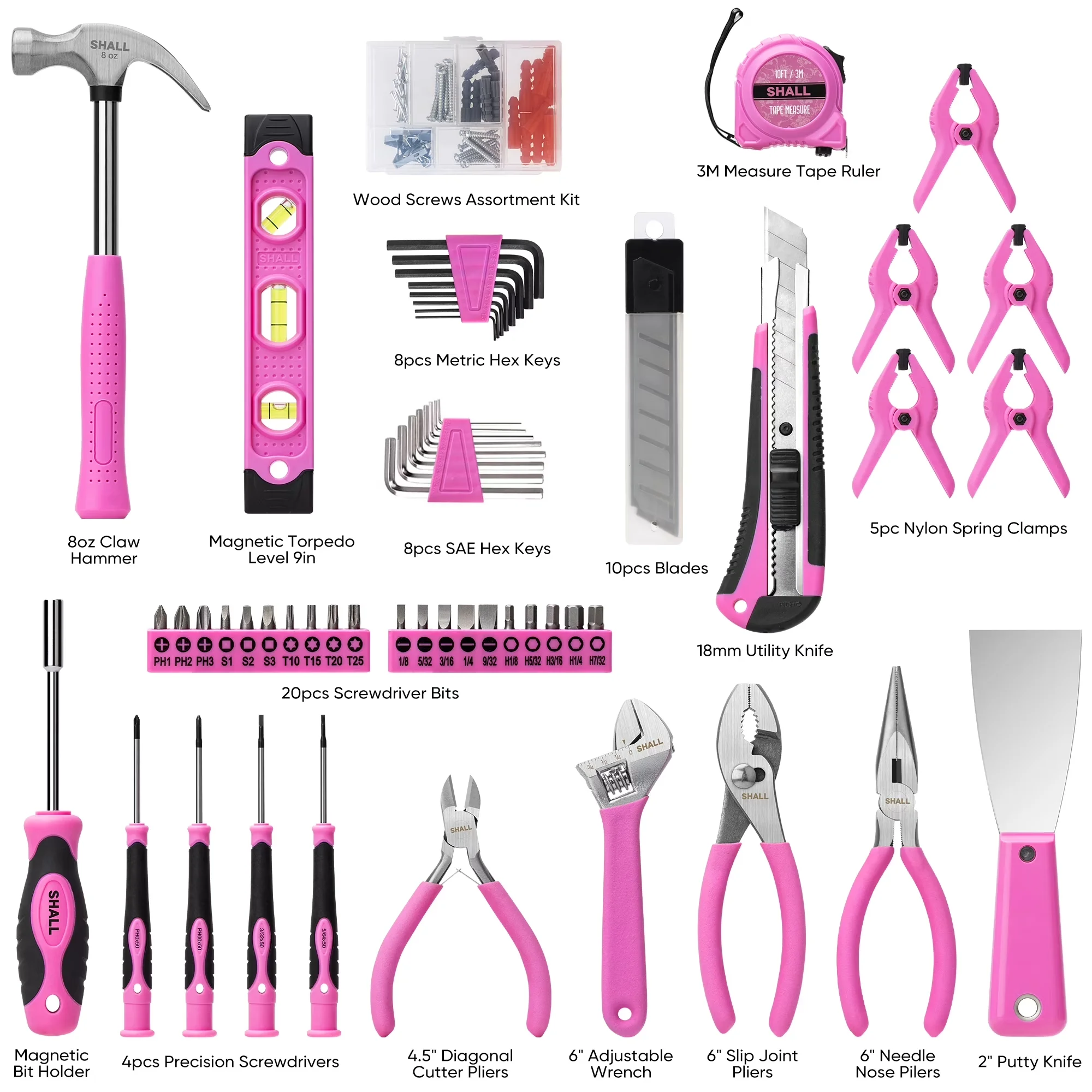 Hand Tool Set Compact with Ergonomic Handle, Pink - Pink 166pcs - Rustic Charm Model A757EE