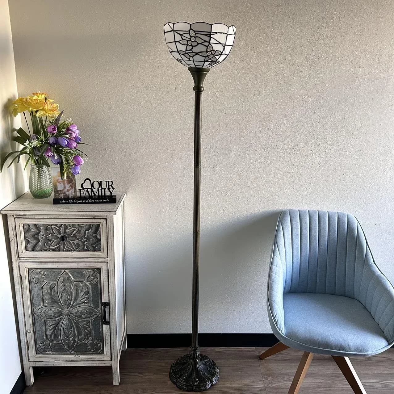 Innovative Floor Lamp with LED, Traditional, Stained glass shade - White Resin, Glass, Metal for Dining Room, Living Room Model 8383AE