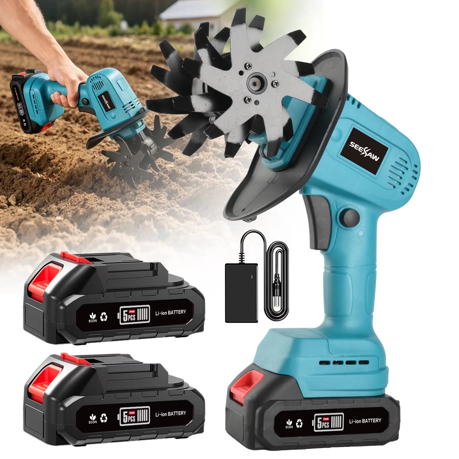 Durable Trillers Cultivator with Powered by Dual Batteries, Blue Electric Garden Tiller - Model 2297FD
