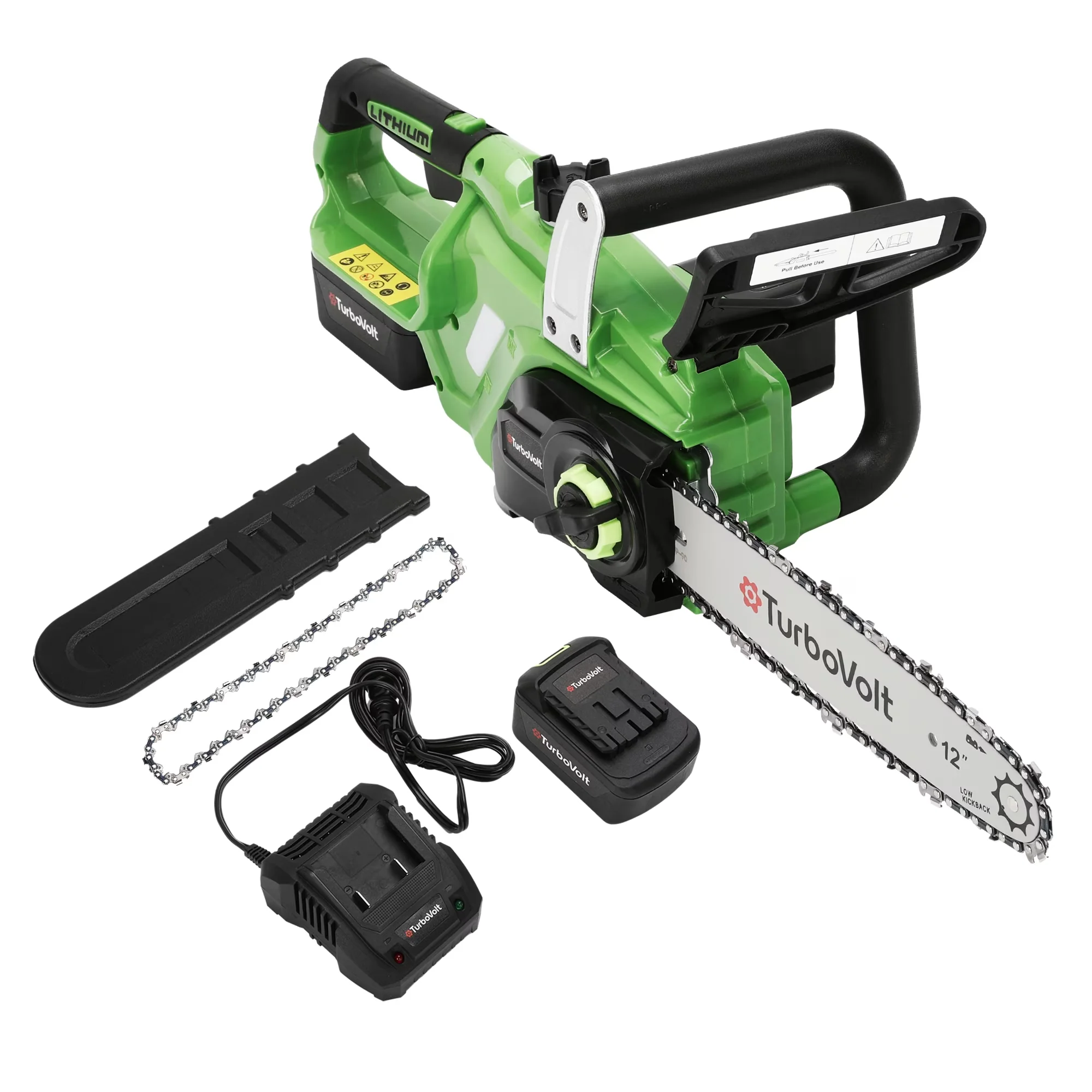 Chainsaw Innovative with Battery, 20V, Tool-Less Chain Tensioning - Green for Garden Model E7290B