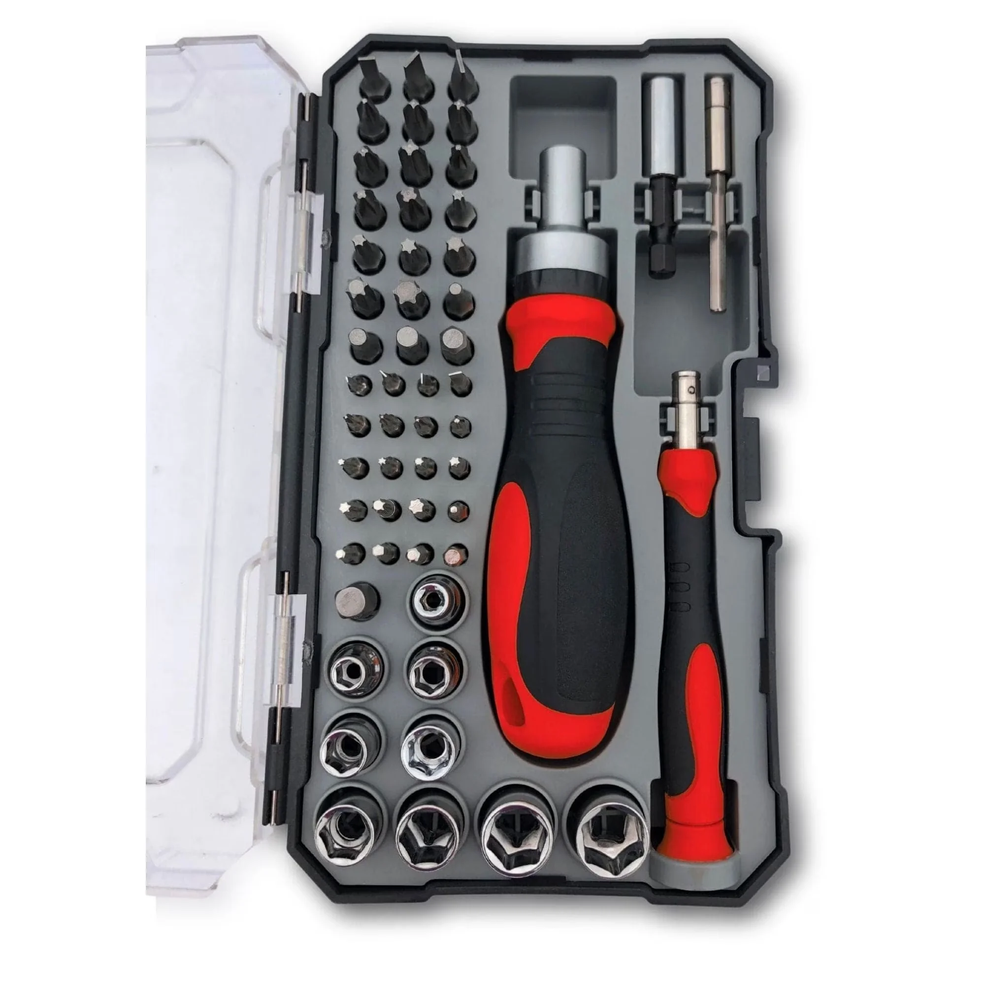 Premium Hand Tool Set with Ratcheting Bit Driver, 55 Piece Metric - Red Model BD1172