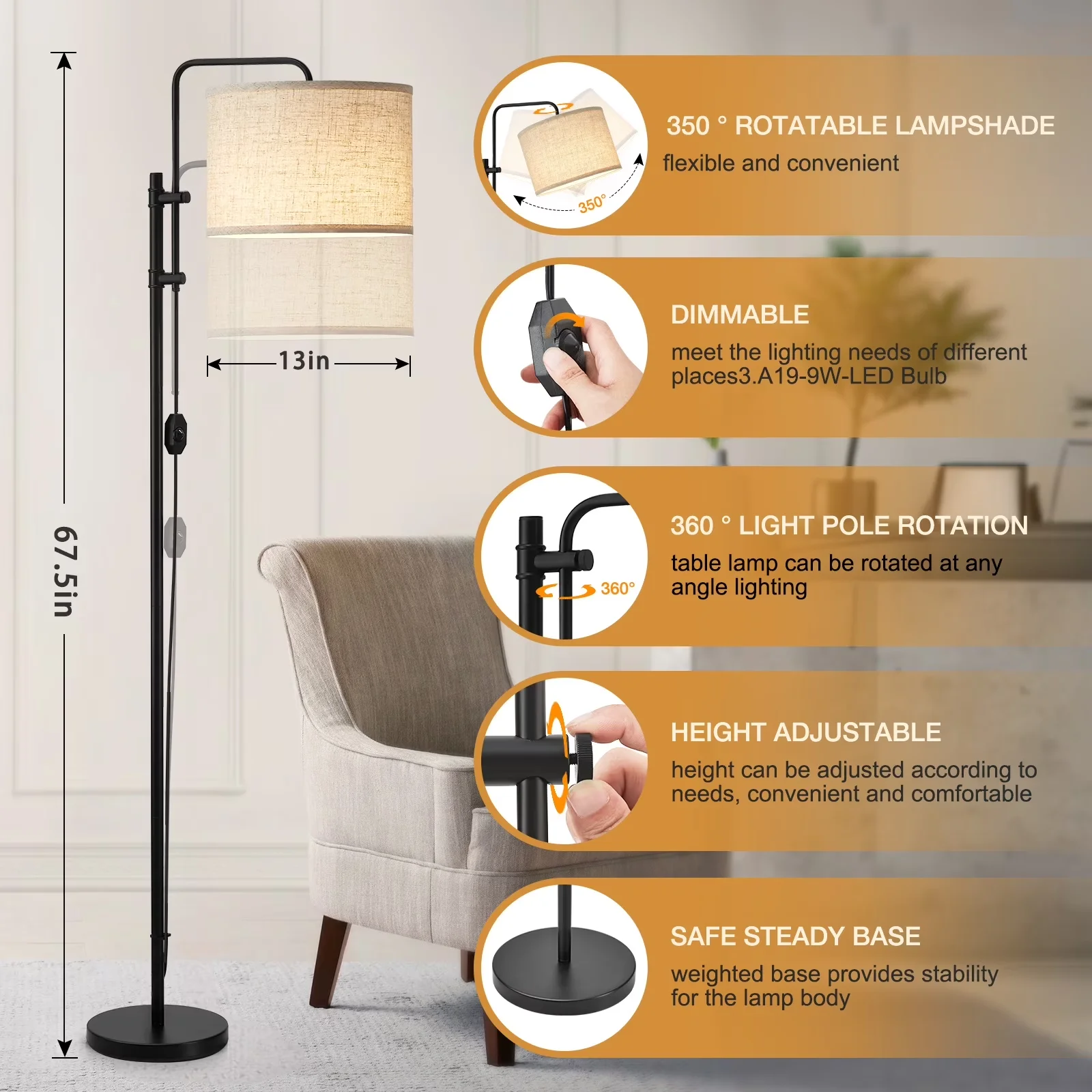 Essential Floor Lamp with LED, Standard Lamps, Modern - Metal Beige for Living Room Model 768D84
