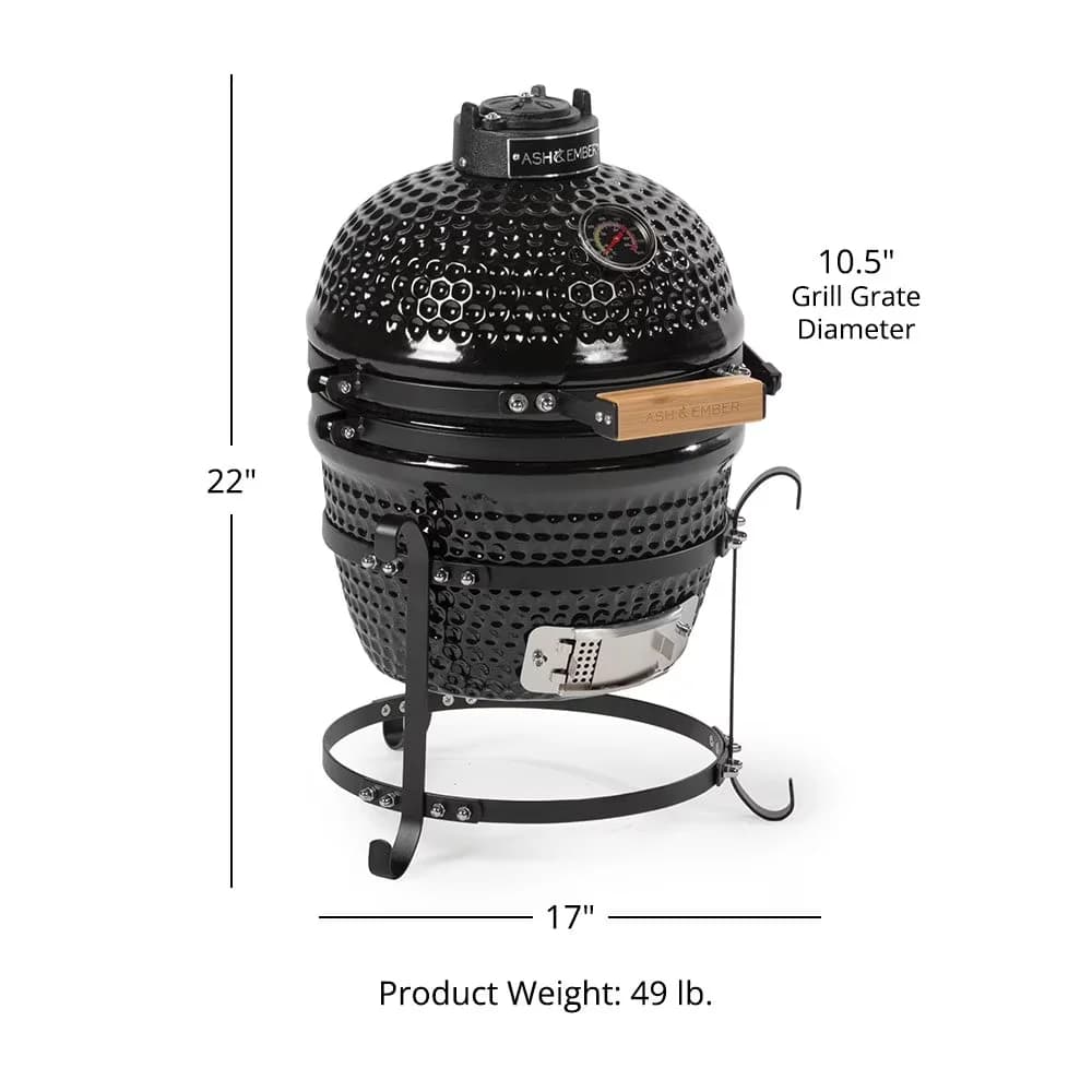 Stylish Smoker with Heat Thermometer, 90 Sq In Cooking Space, Ash & Ember 10" Kamado Grill Kit - Ceramic Model 9C9864