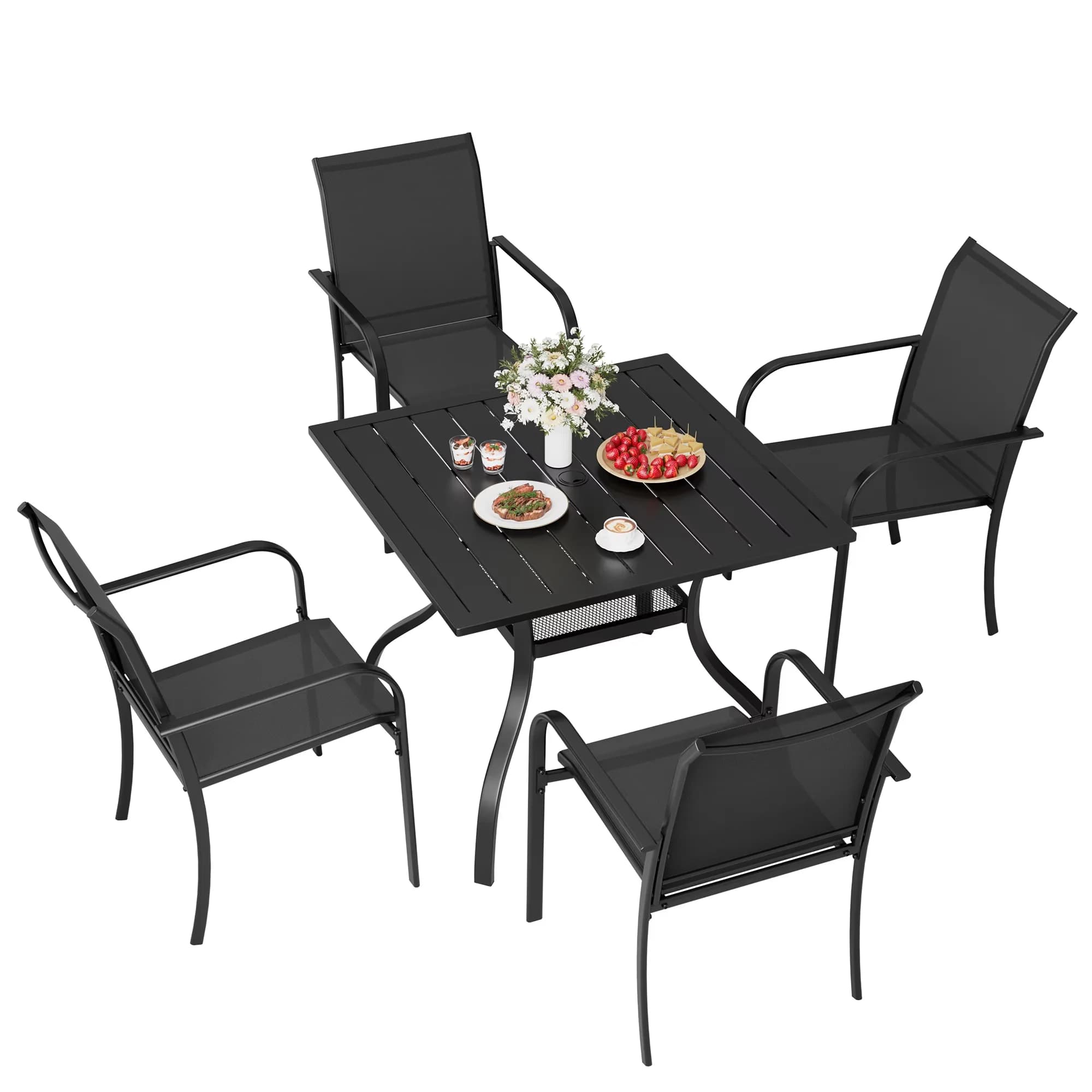 Classic Patio Dining Set with 1.57" Umbrella Hole, Metal Steel Square Table, 5-Piece Outdoor - Metal Four Black Chairs+Table Model 0FE10C