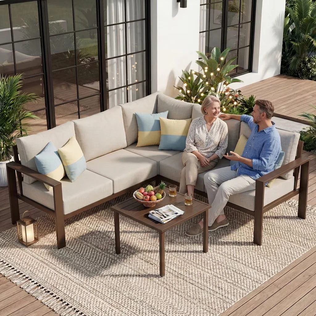 Reliable Patio Conversation Set with Weatherproof, 6" Thick Olefin Cushions, 6-Piece L-Shaped Outdoor - Beige Rattan for Garden Model DAC165