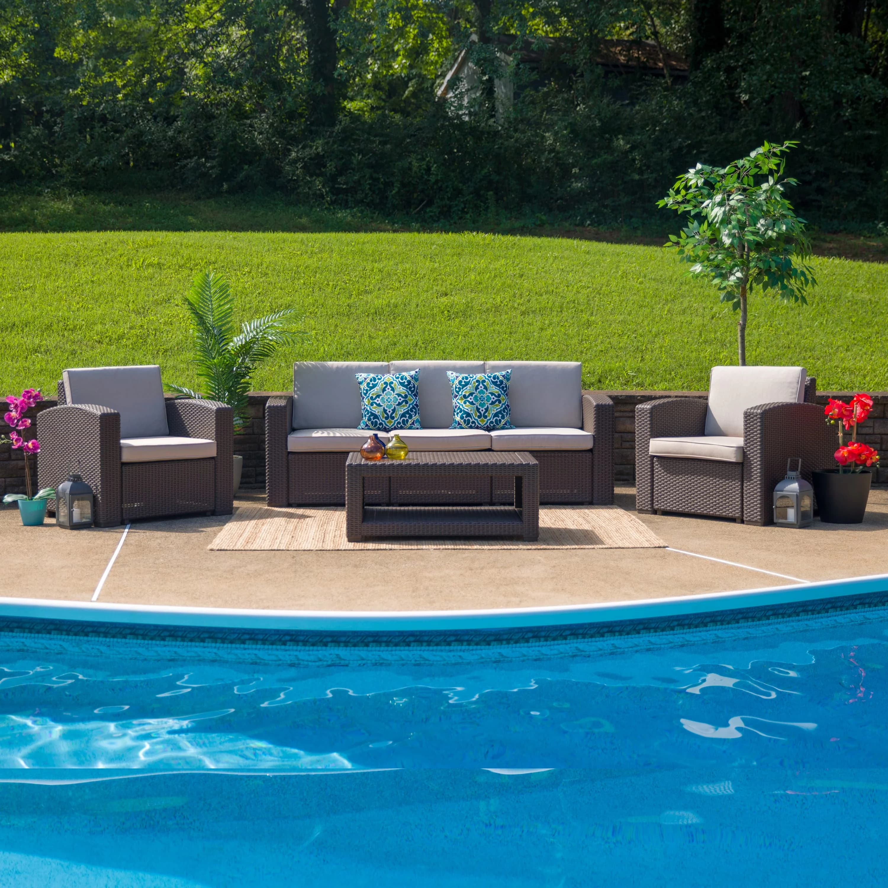 Professional Patio Dining Set with Storage, Deep Seats for comfort and relaxation, Dense CAL 117 Foam Cushions - Brown Resin, Foam,... Model 4DB18D