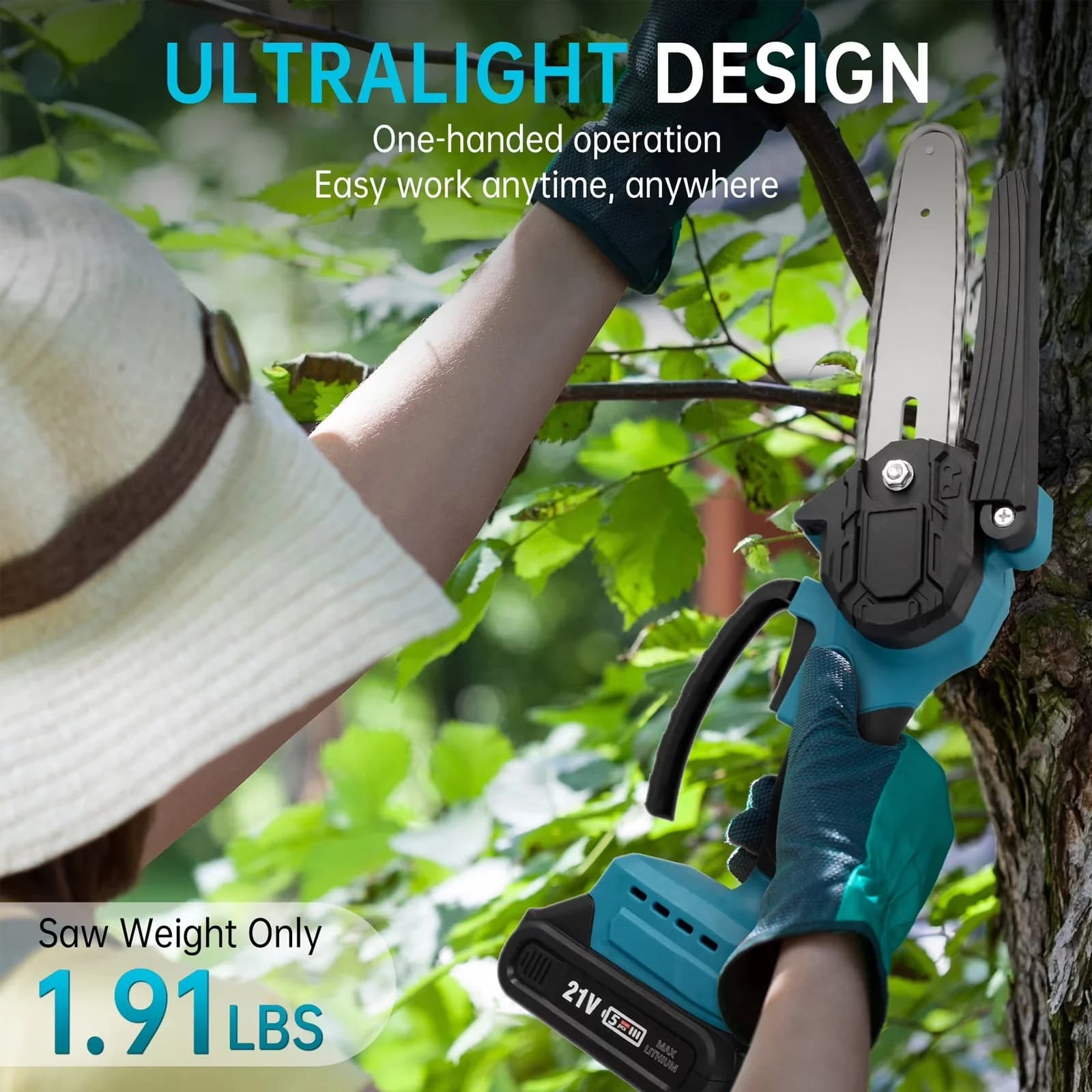 Premium Chainsaw with Battery, Automatic Chain Oiler, 8-Inch Cordless - Blue Model 360A37