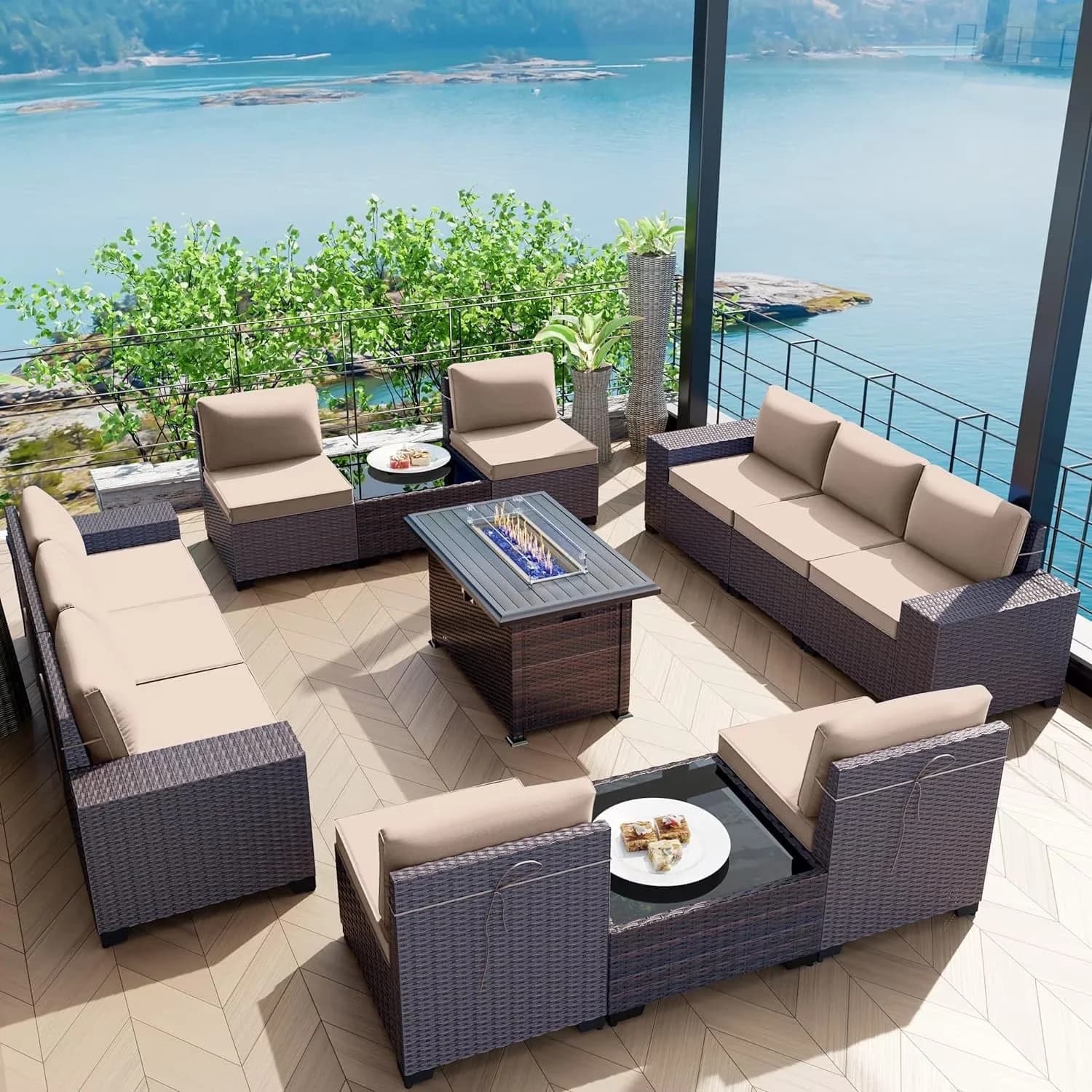 Compact Outdoor Sofas Sectional with Weatherproof, A Wonderful Bonfire Experience: - Beige Pe Rattan Wicker Model 116C1C