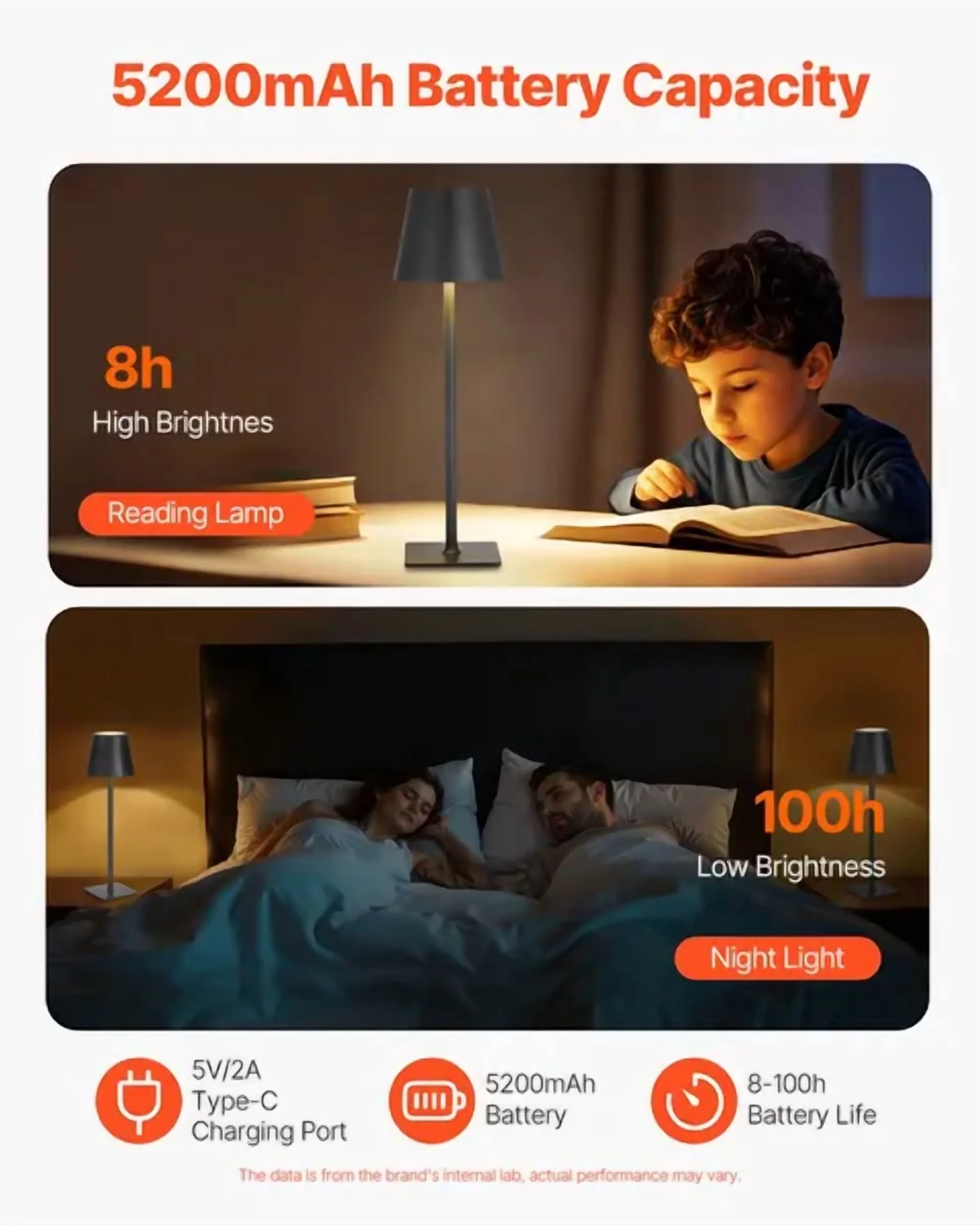 Durable Lamp Set with Battery, Adjustable Height, Cordless Table of 2 - Black Metal Model 1A409D