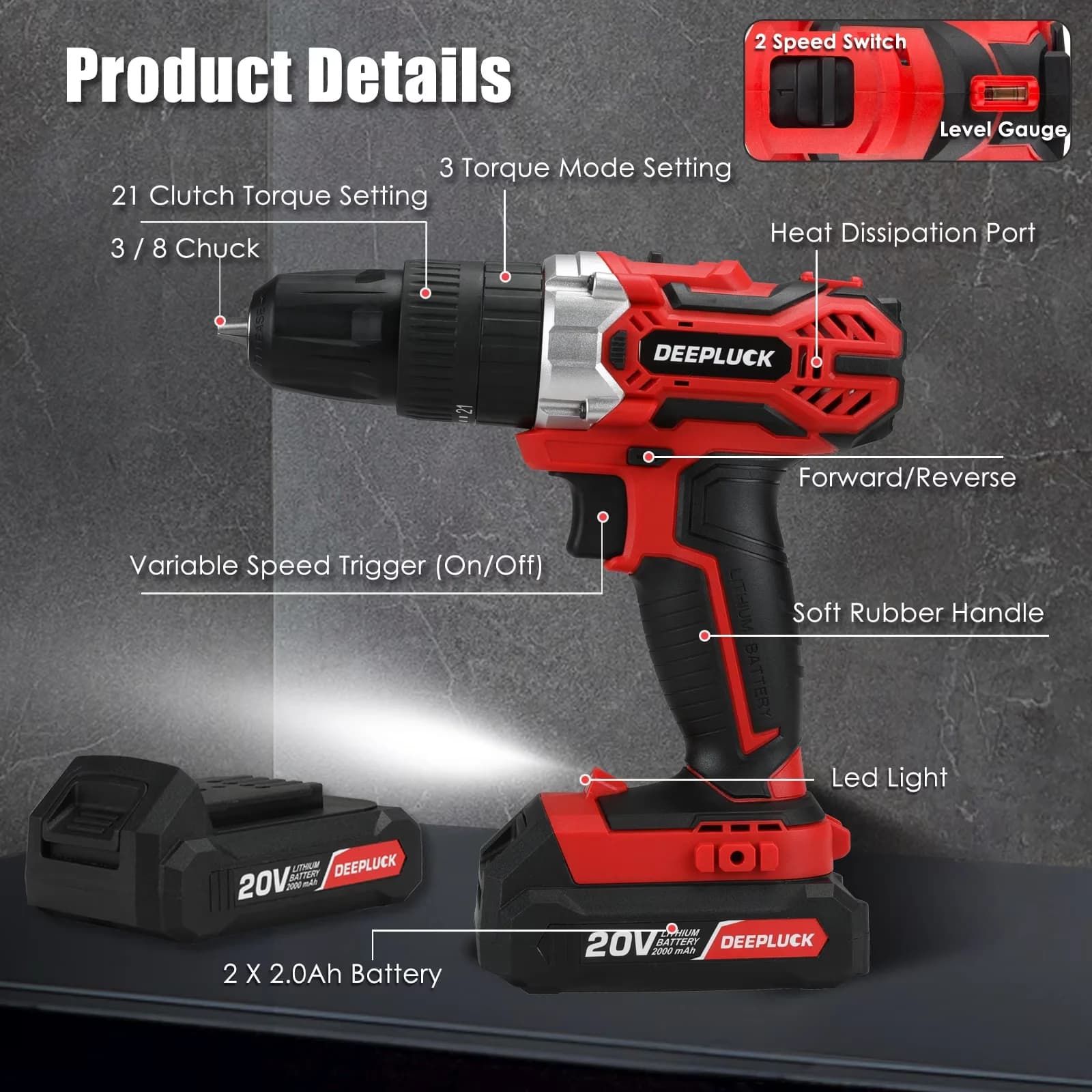 Drills Driver Versatile with Battery, 20V, Cordless Drill Set - Contemporary Style Model 1D8360