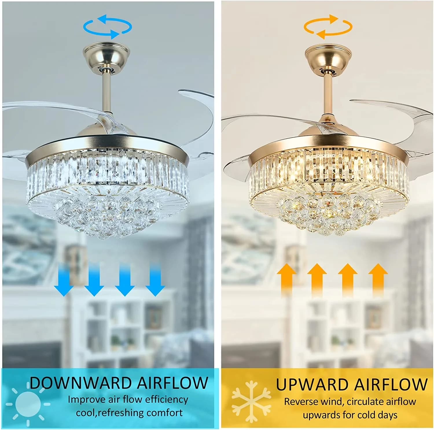 Versatile Ceiling Fan with LED, Dimmable, Modern - Crystal Gold 42 Inch Model 967108