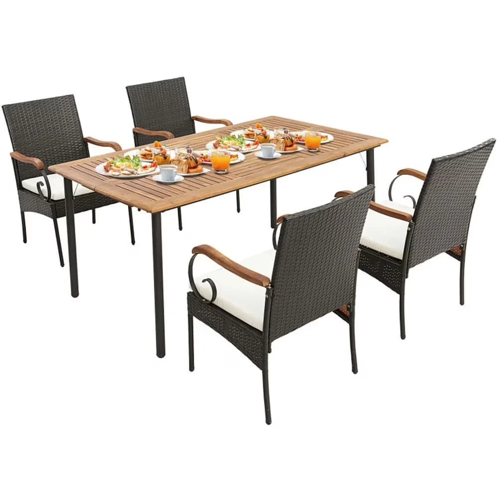 Durable Patio Dining Set with Modern, Color:Natural, Black, Mix Brown - Brown Acacia Wood, Metal, Pe Rattan, Polyester, Spray-Bonded... Model 8739FA