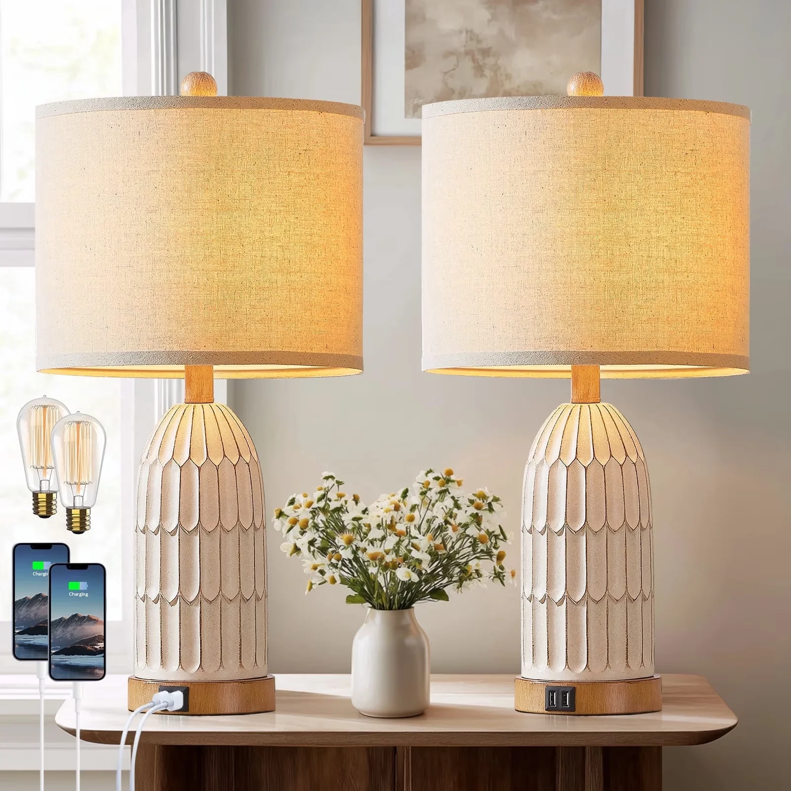 Classic Table Lamp with LED, Usb Port, Farmhouse - Resin White for Living Room, Bedroom Model 2659CC