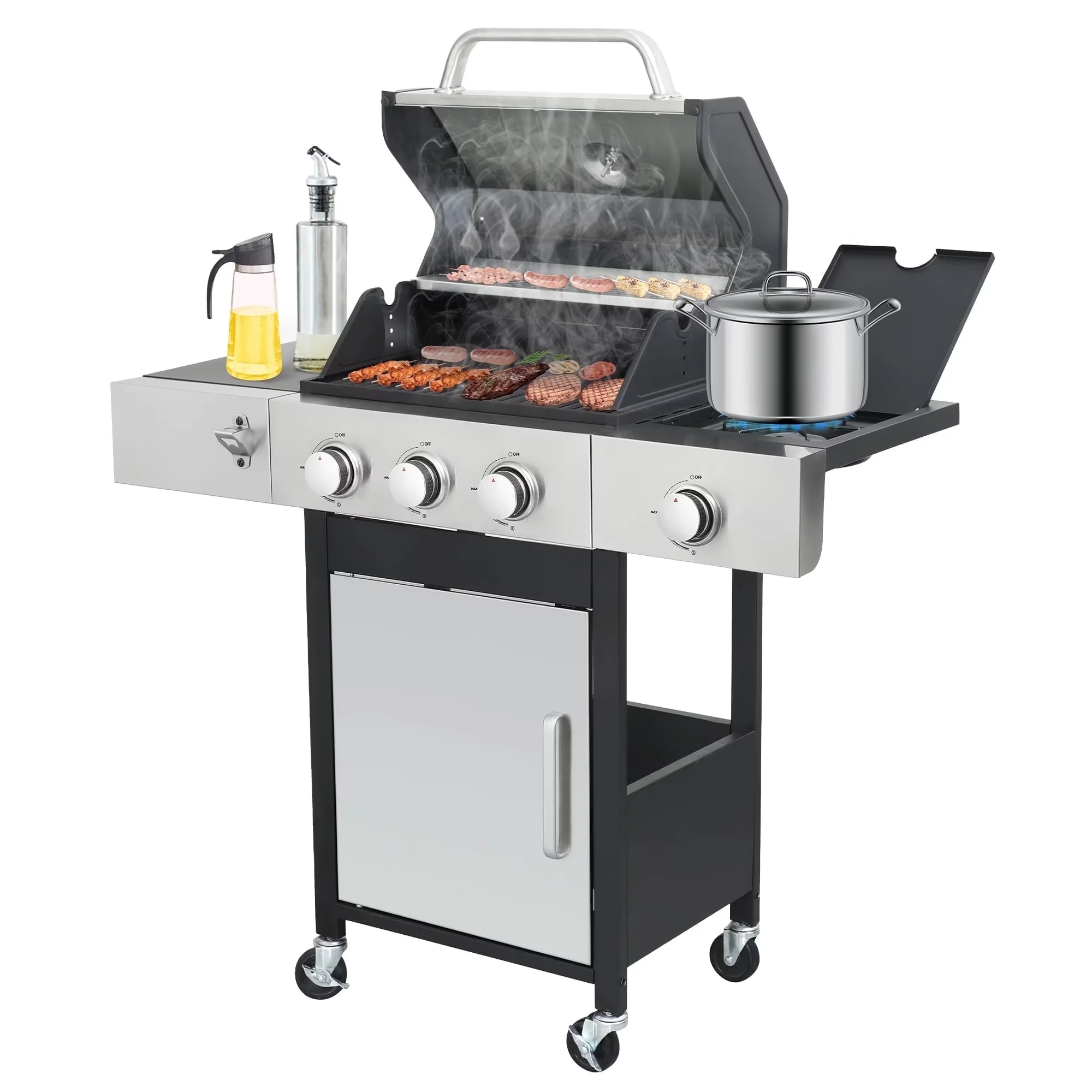 Gas Grill Efficient with Portable, Heat Thermometer, Warming Rack - Stainless Steel Model C314AC
