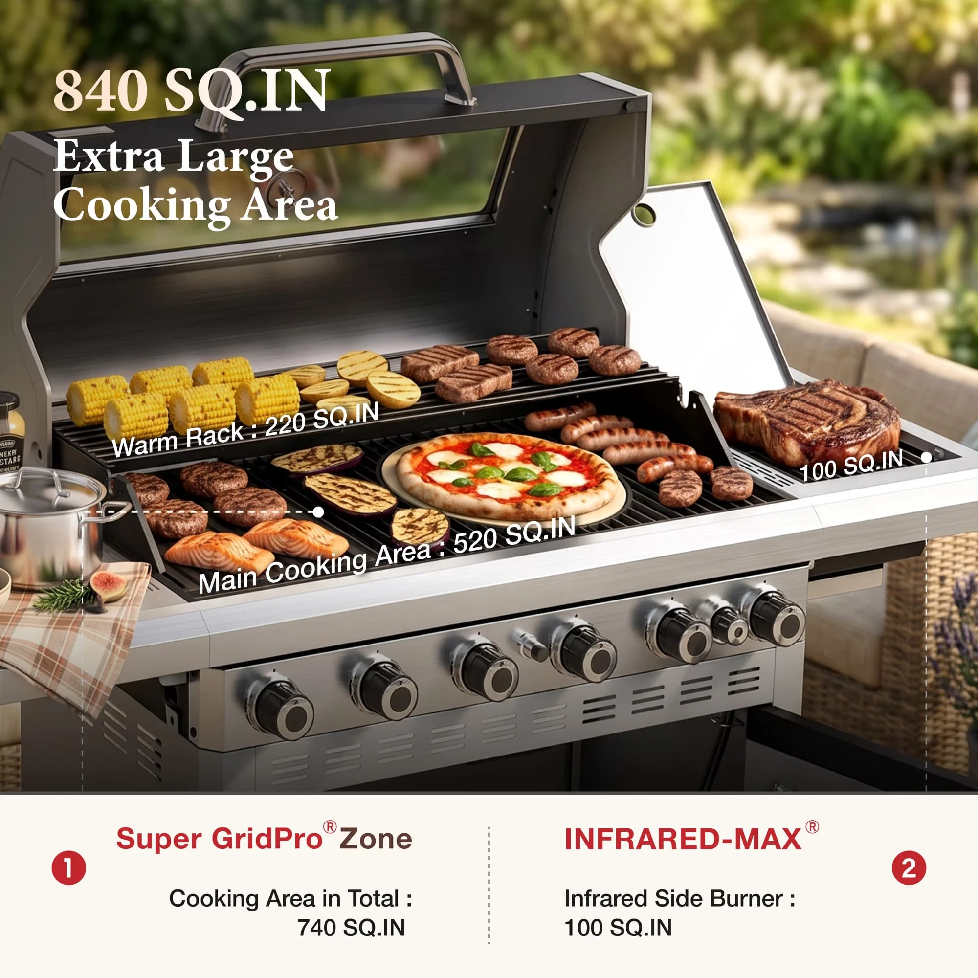 Essential Gas Grill with 13500 BTU, Heat Thermometer - Black Porcelain Enameled; Stainless Steel Model AD6AD8